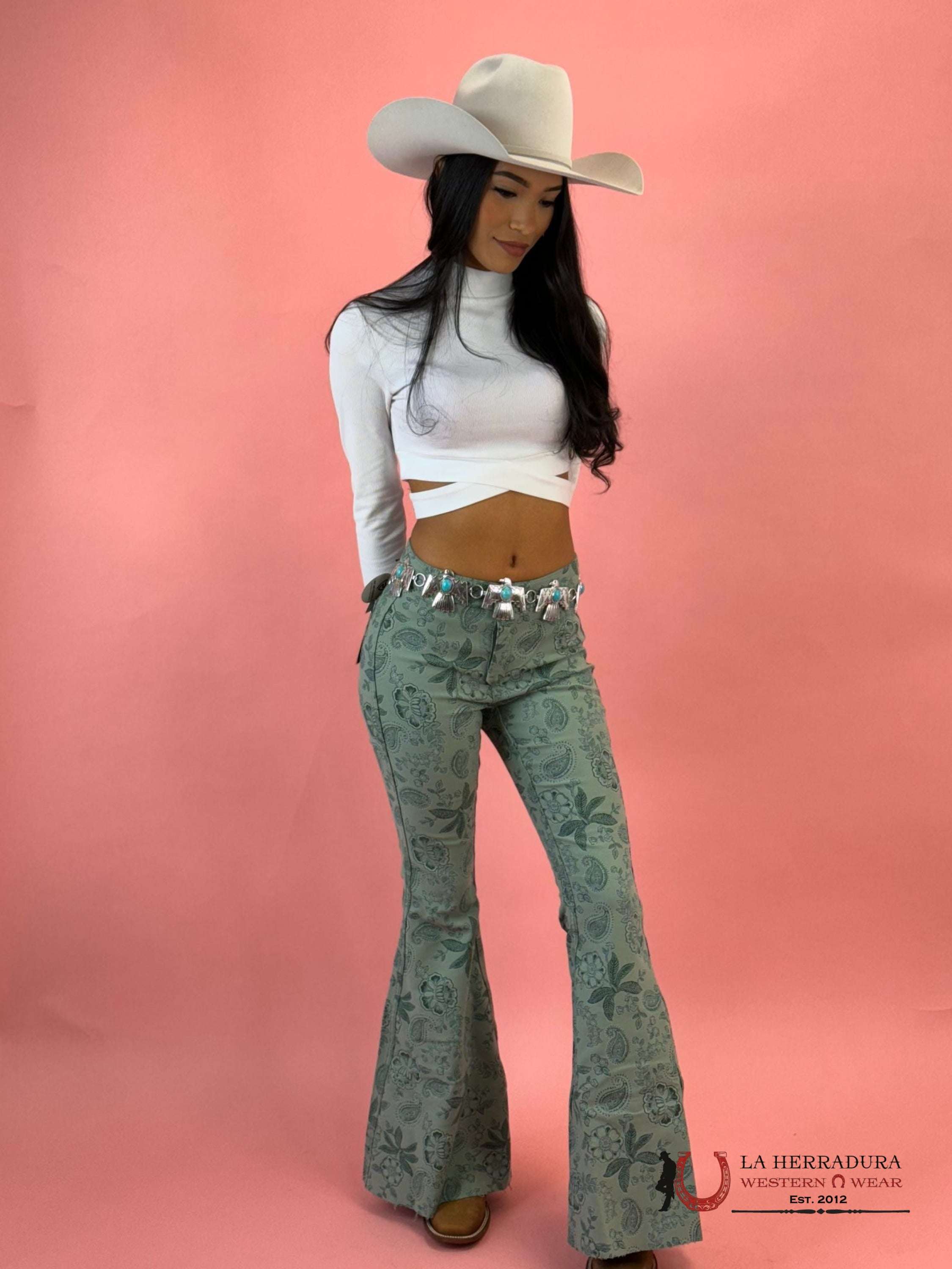 Rock&Roll Jade Green Flower Print Bell Bottom Jeans Women