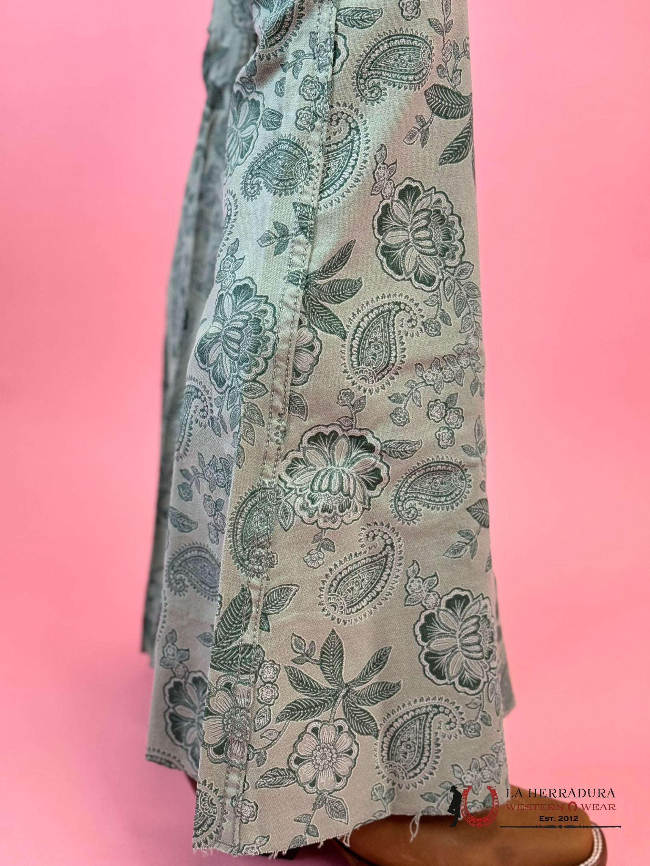 Rock&Roll Jade Green Flower Print Bell Bottom Jeans Women