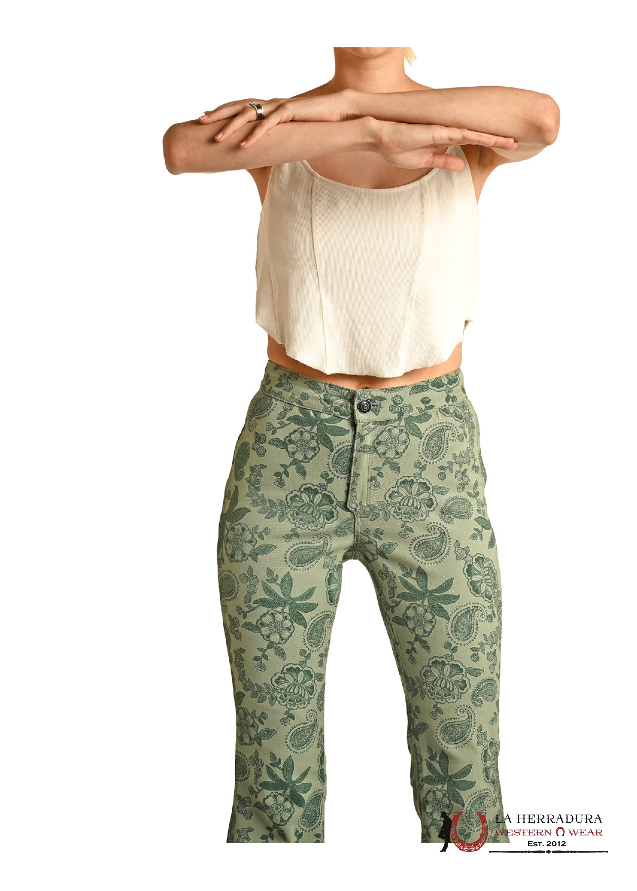 ROCK&ROLL JADE GREEN FLOWER PRINT BELL BOTTOM RRWD7PR0ZZ 2IN1 ROCK&ROLL JEANS WOMEN