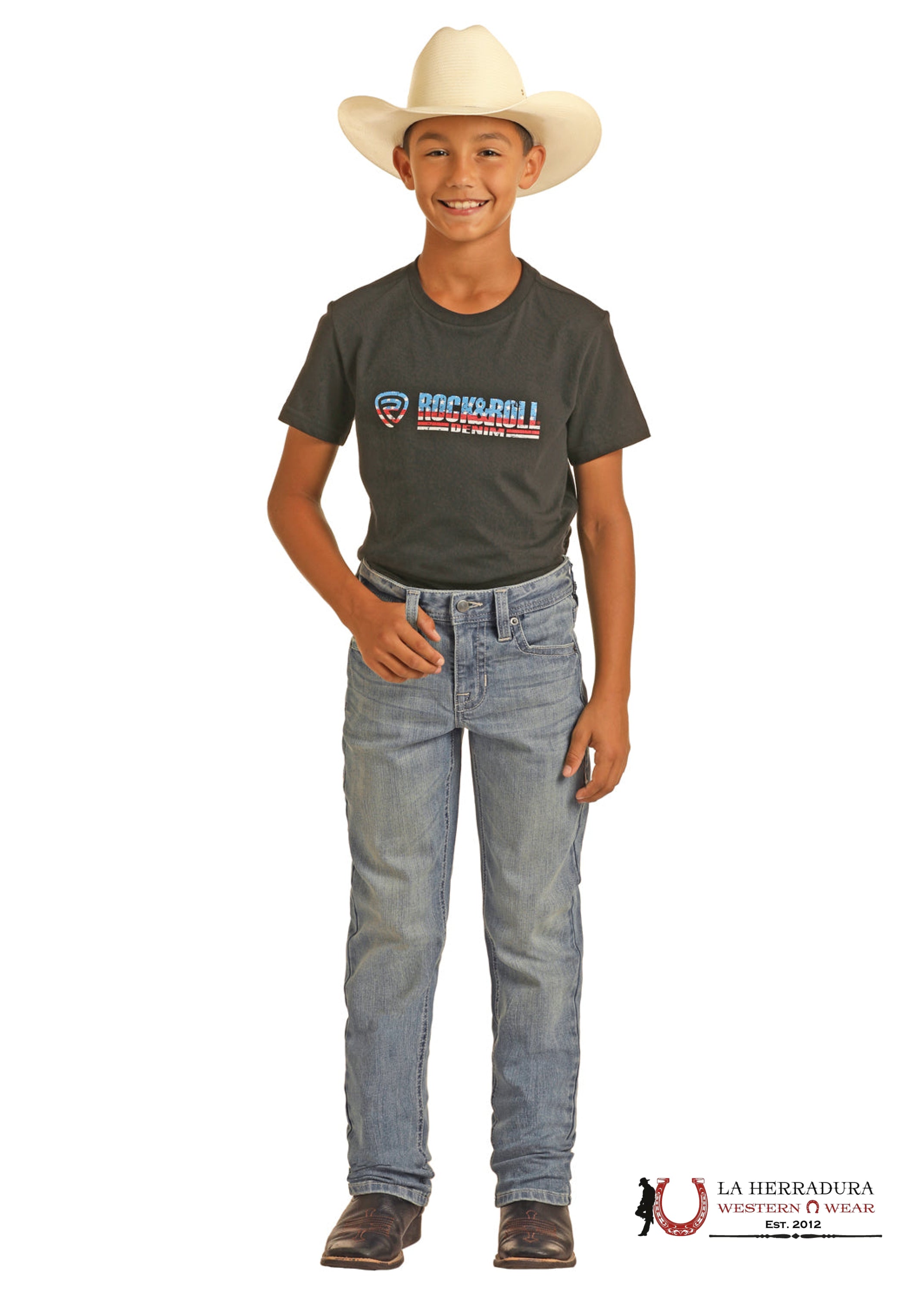 ROCK&ROLL JEANS BOYS SLIM FIT LIGHT WASH ROPE STITCH EMB REVOLVER BB1RD04372 NIÑOS