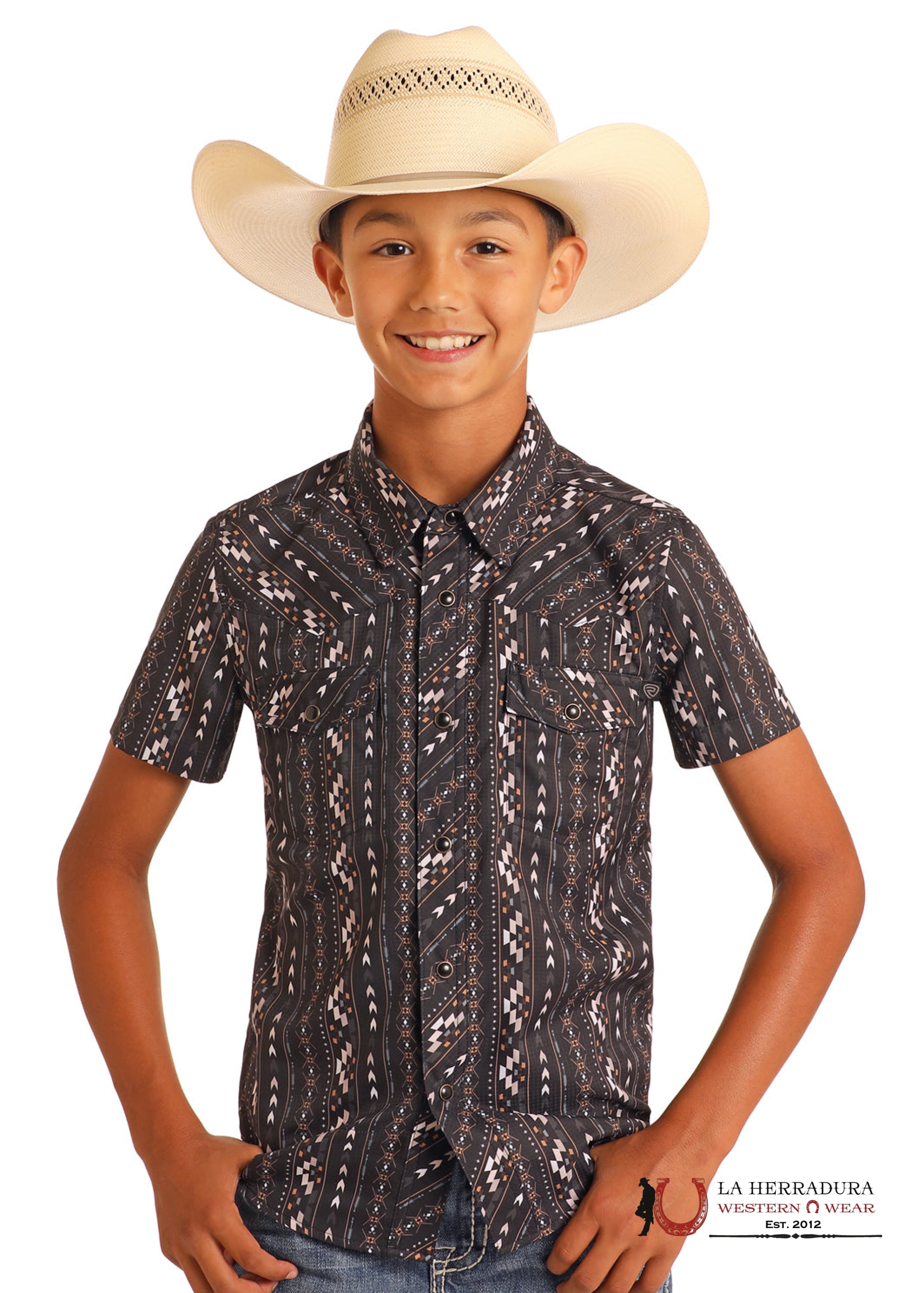Rock&Roll Black With Multi Color Aztec Print Short Sleeve Short Boys - 5956 NIÑOS