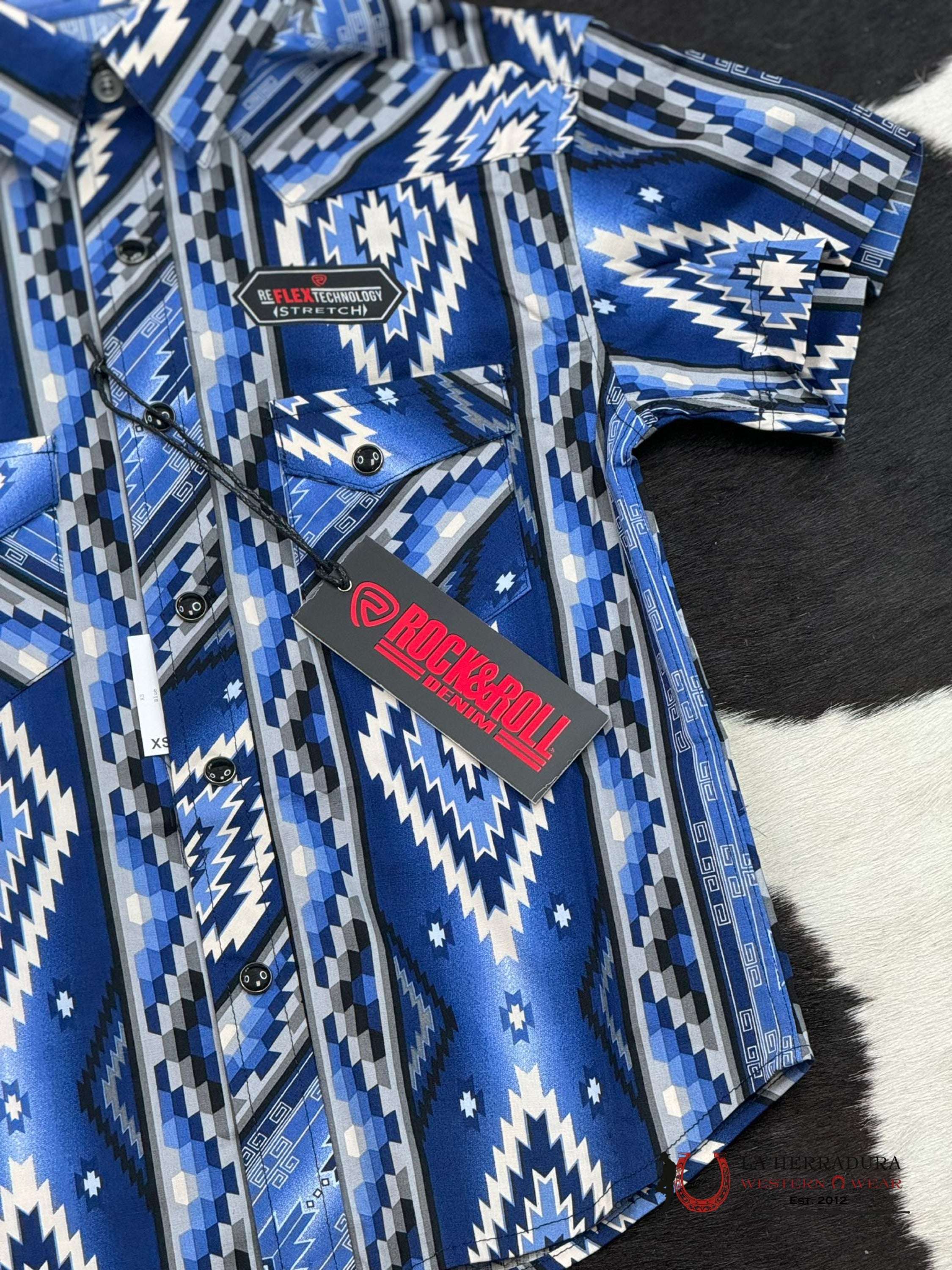 Rock&Roll Boys Blue Aztec Snap Short Sleeve Shirt Niños