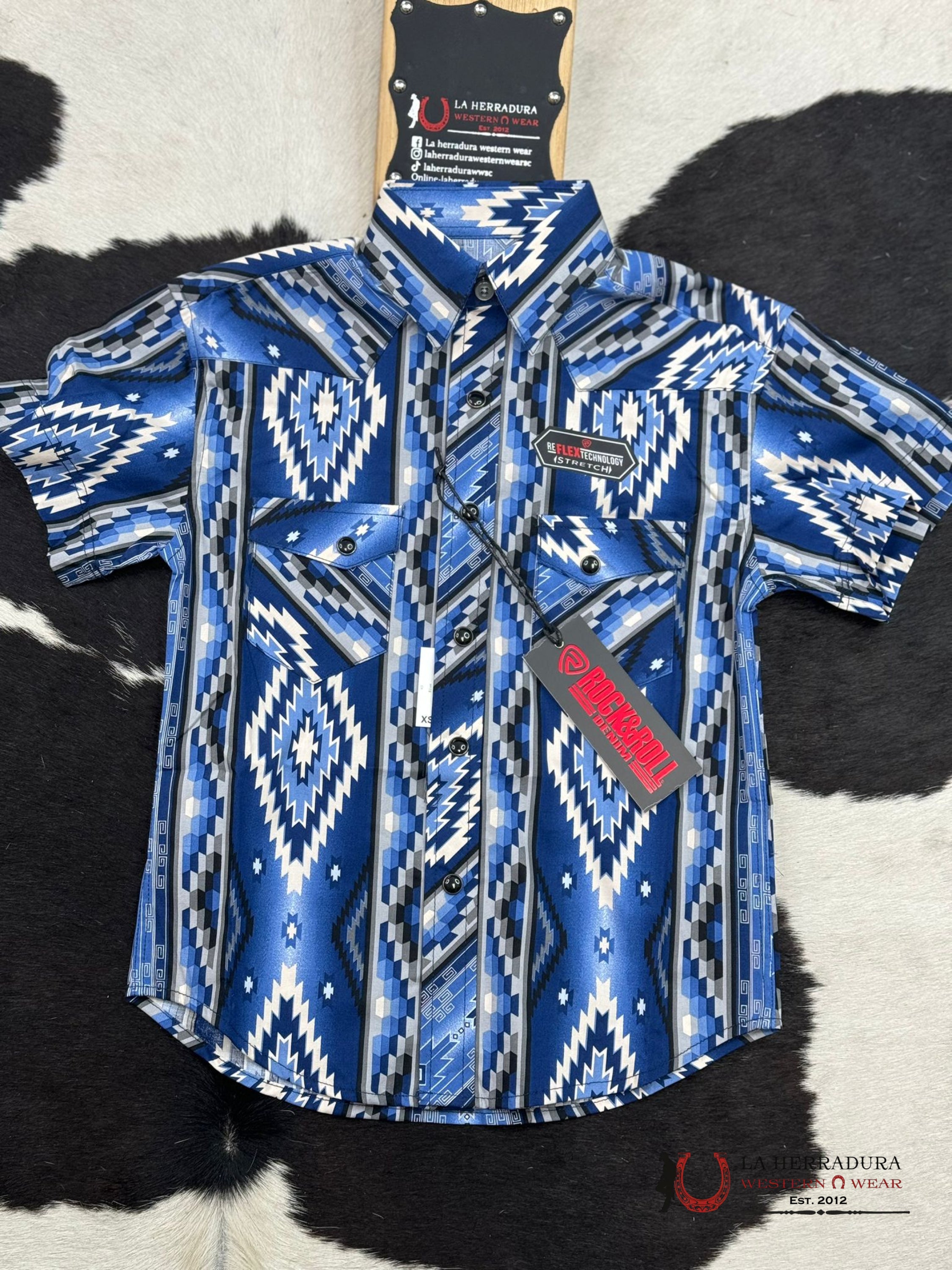 Rock&Roll Boys Blue Aztec Snap Short Sleeve Shirt Niños