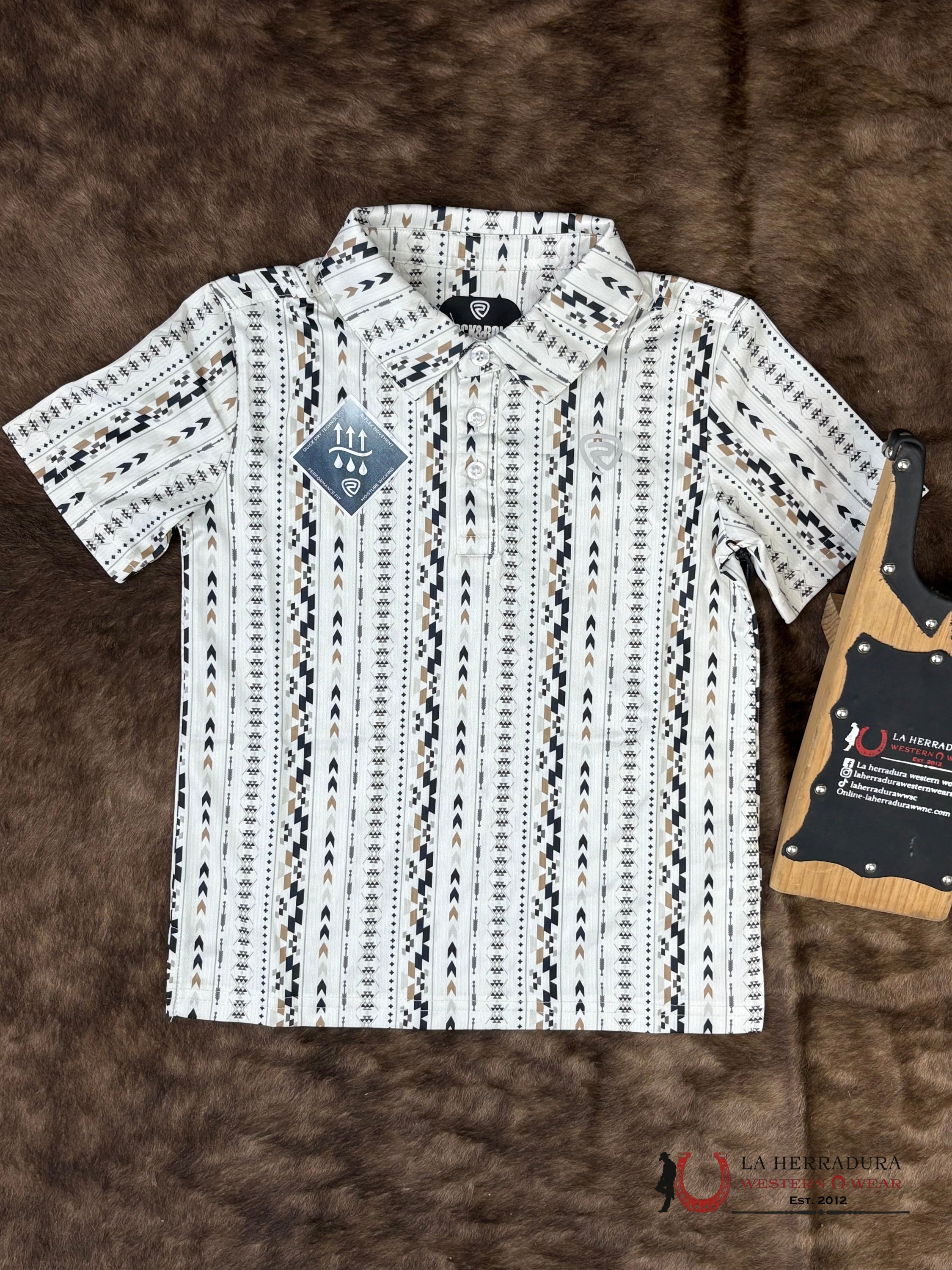 Rock&Roll Natural Begie With Multi Color Aztec Print Short Sleeve Shirt Boys - 6004 NIÑOS