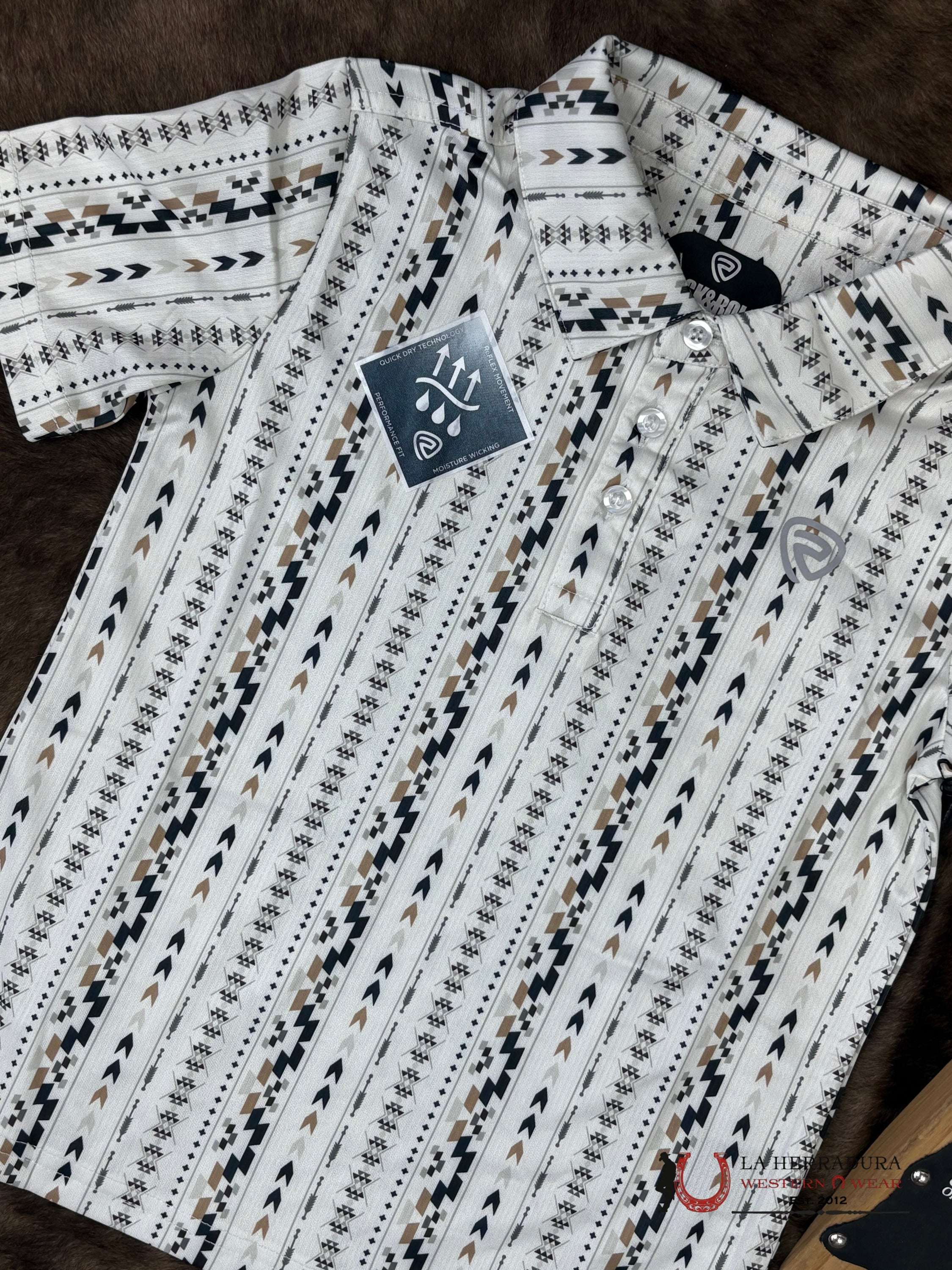 Rock&Roll Natural Begie With Multi Color Aztec Print Short Sleeve Shirt Boys - 6004 NIÑOS
