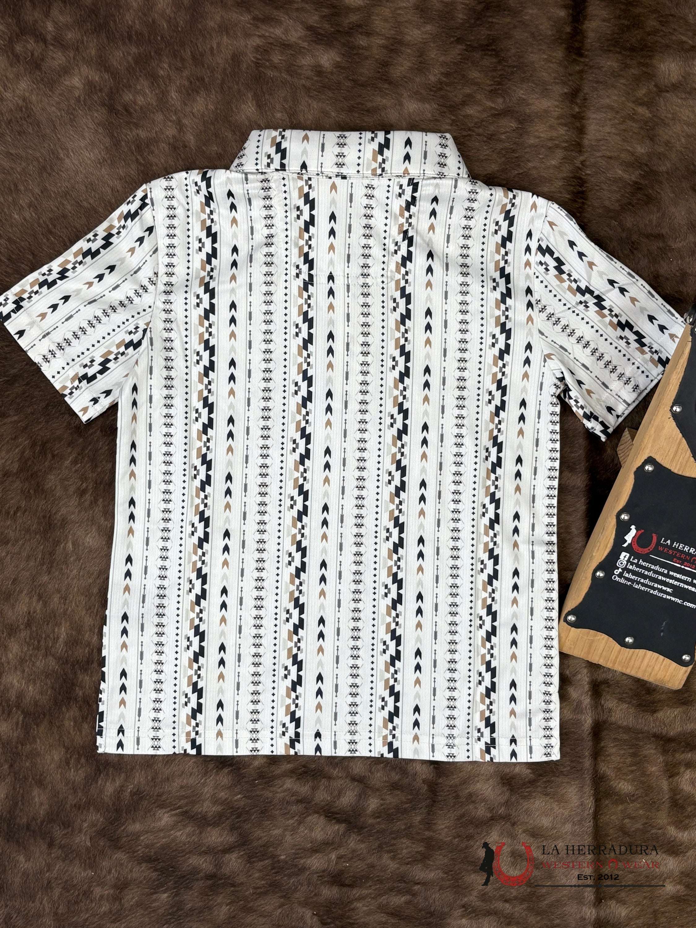 Rock&Roll Natural Begie With Multi Color Aztec Print Short Sleeve Shirt Boys - 6004 NIÑOS