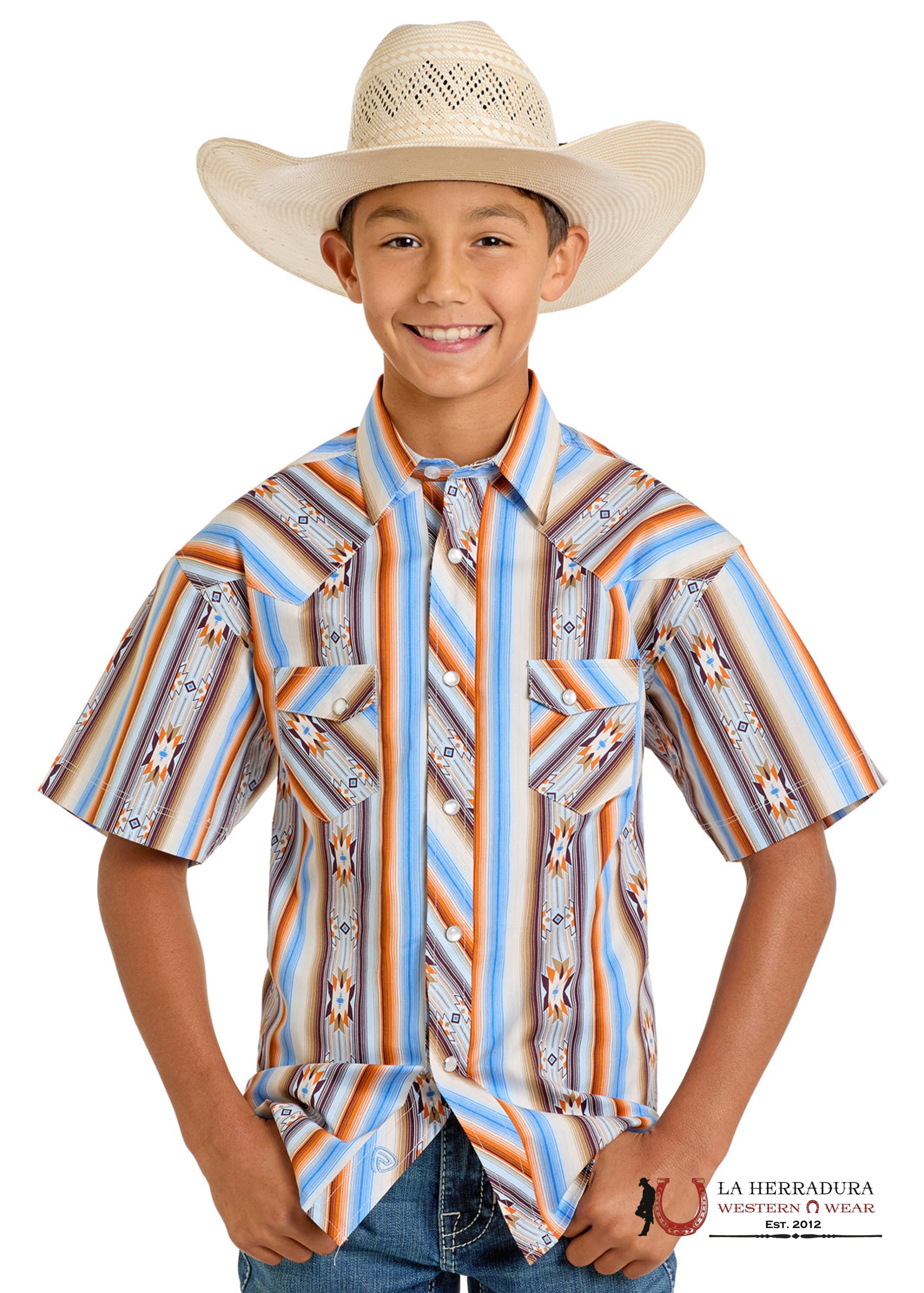 Rock&Roll Orange Stripe Aztec Short Sleeve Shirt Boys - 6498 NIÑOS