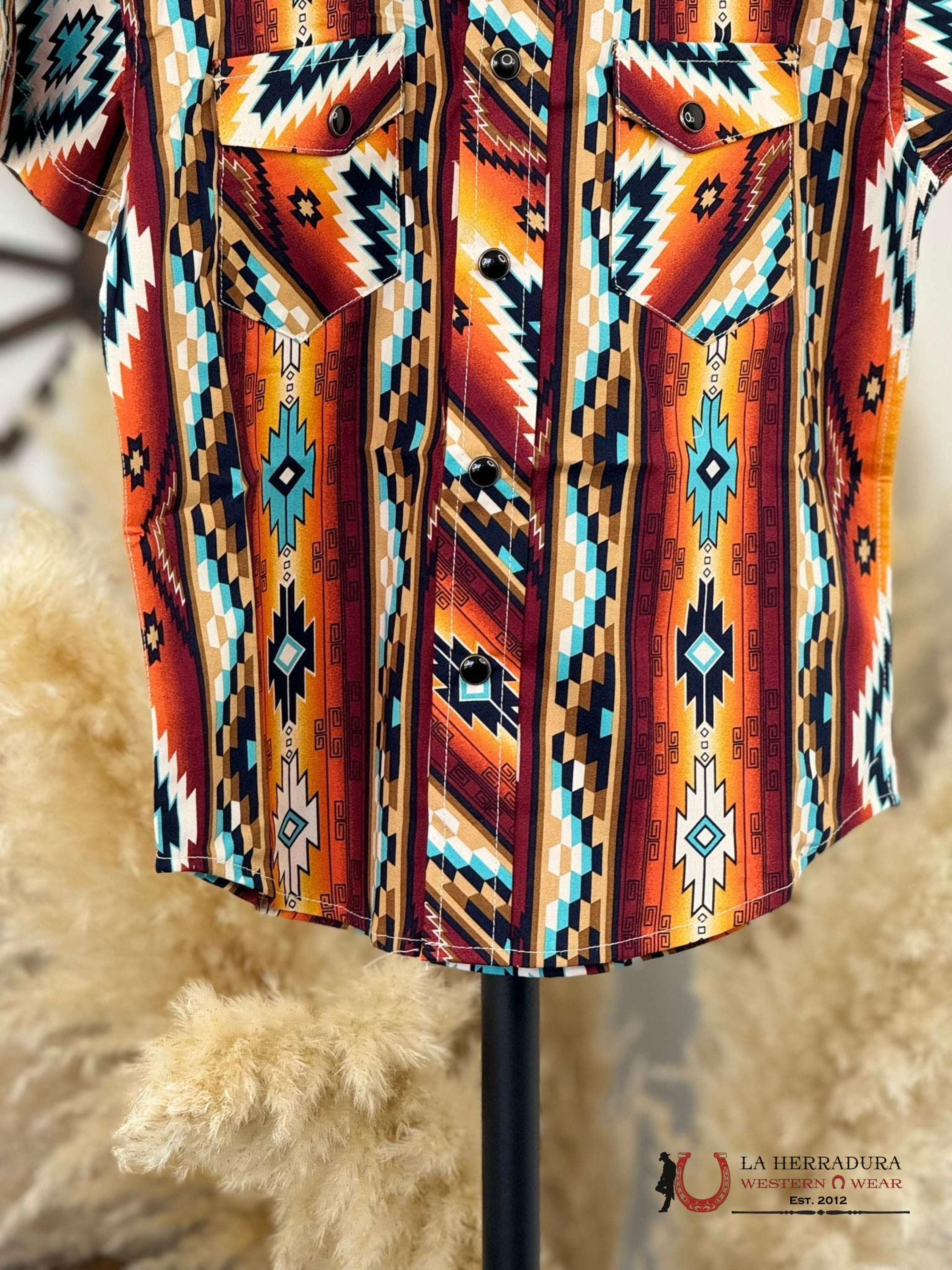 Rock&Roll Boys Orange Two Pocket Aztec Snap Short Sleeve Shirt Niños
