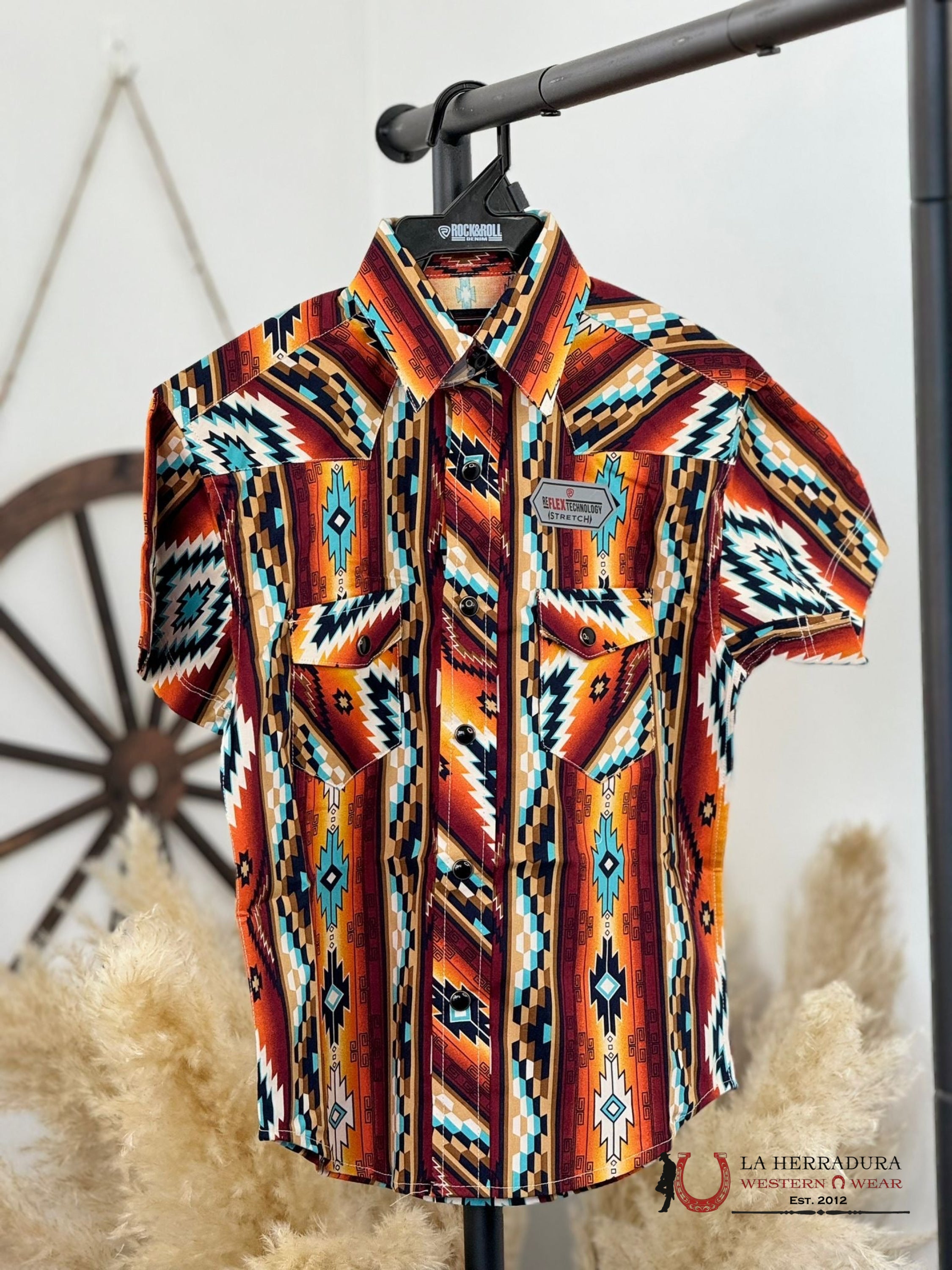 Rock&Roll Boys Orange Two Pocket Aztec Snap Short Sleeve Shirt Niños