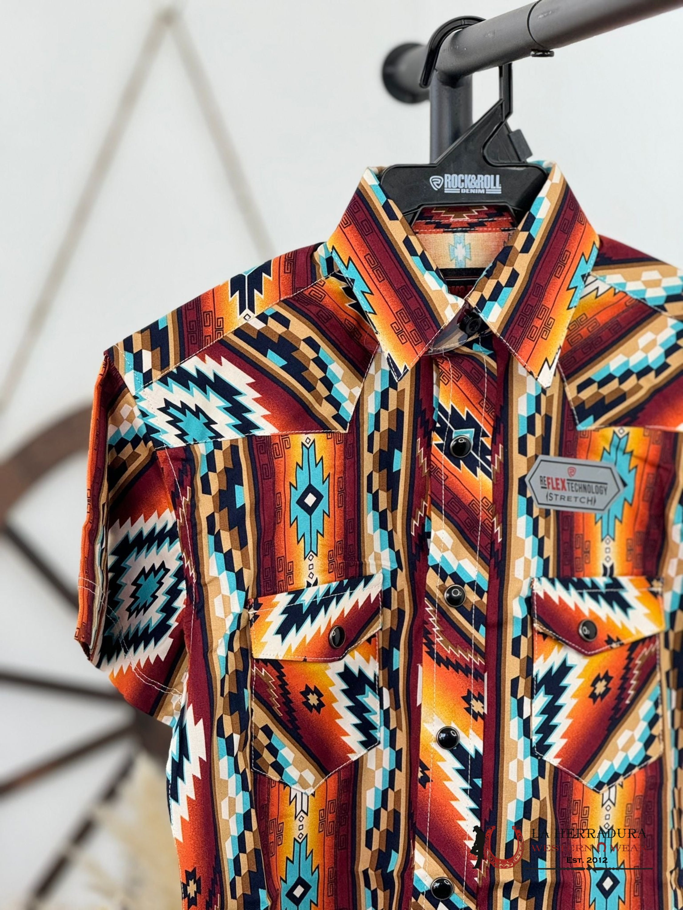 Rock&Roll Boys Orange Two Pocket Aztec Snap Short Sleeve Shirt Niños