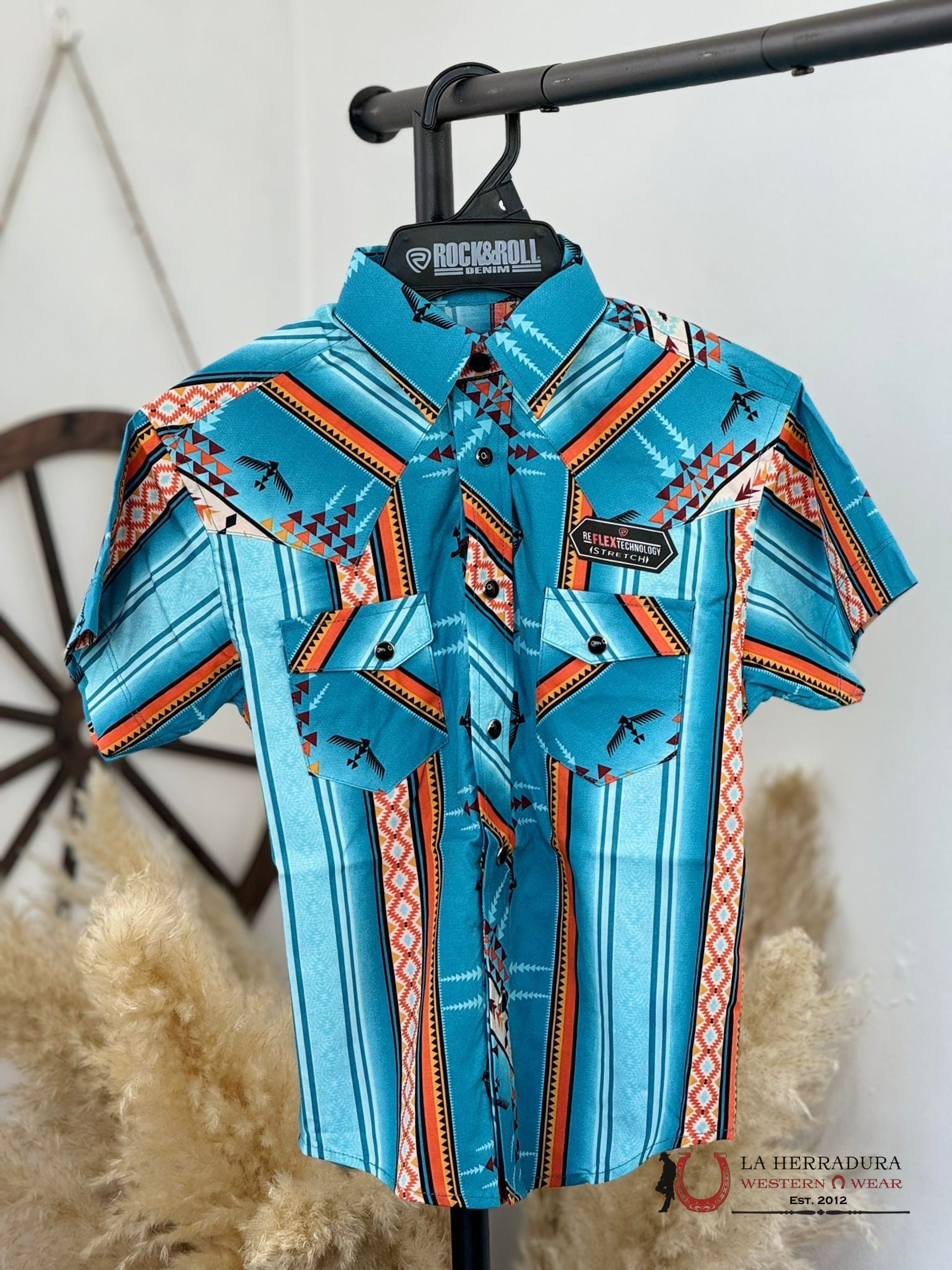 Rock&Roll Boys Blue Aztec Snap Short Sleeve Shirt 3945 Niños