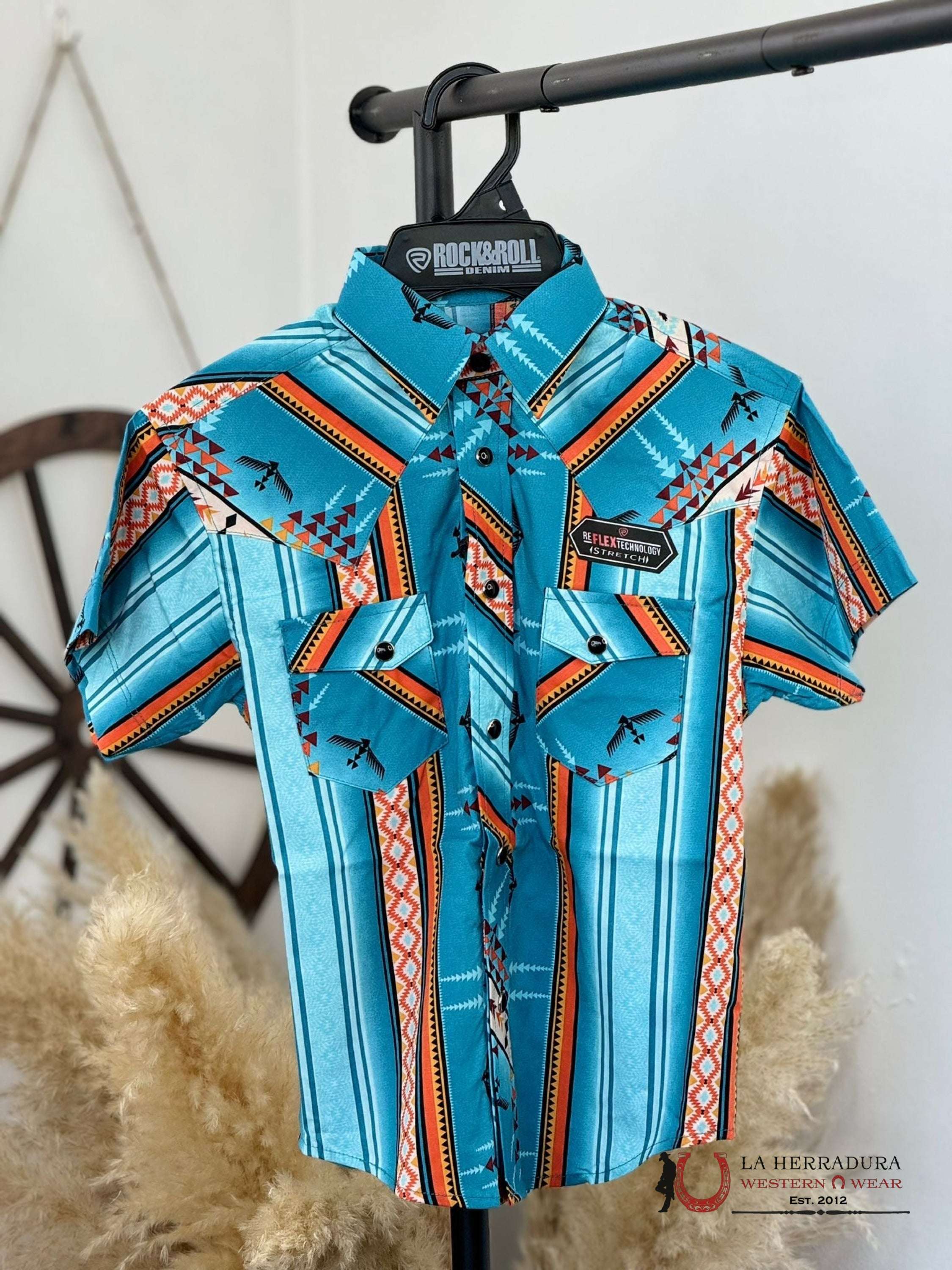 Rock&Roll Boys Blue Aztec Snap Short Sleeve Shirt 3945 Niños