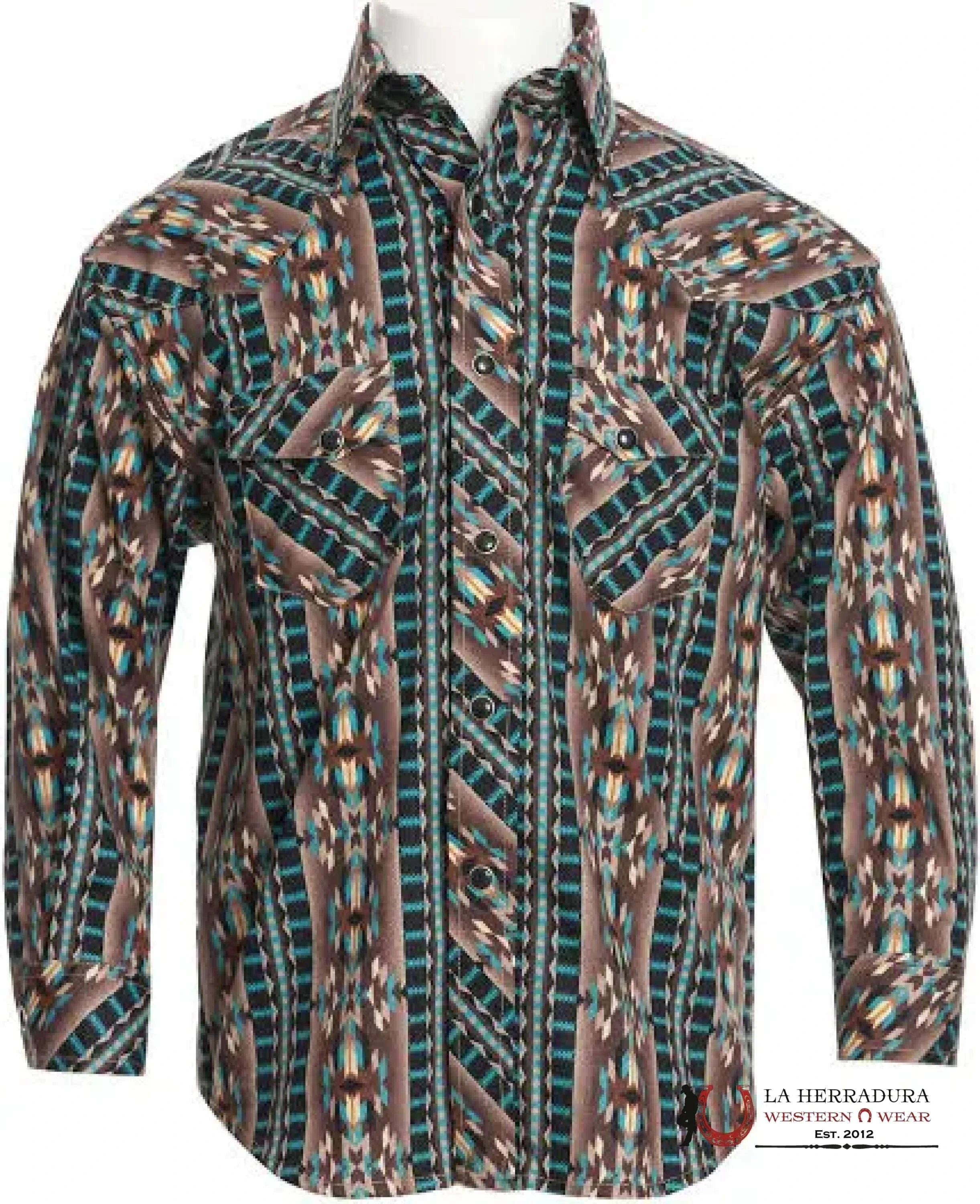 ROCK&ROLL KIDS -BOYS TEAL LS AZTEC STRIPE SNAP RRBSOSR09B NIÑOS