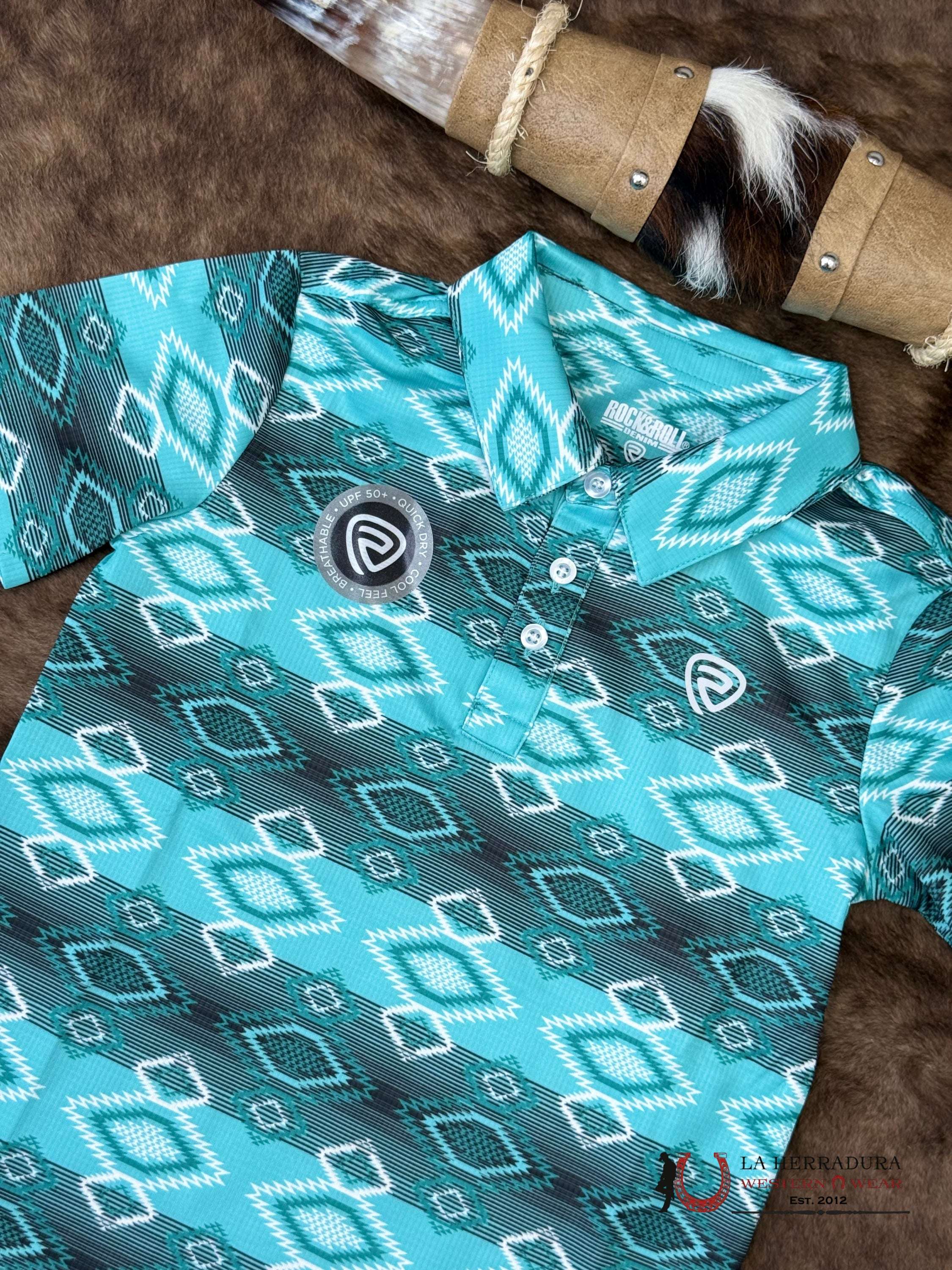 Rock&Roll Boys Turquoise Aztec Print Short Sleeve Shirt - 6624 NIÑOS