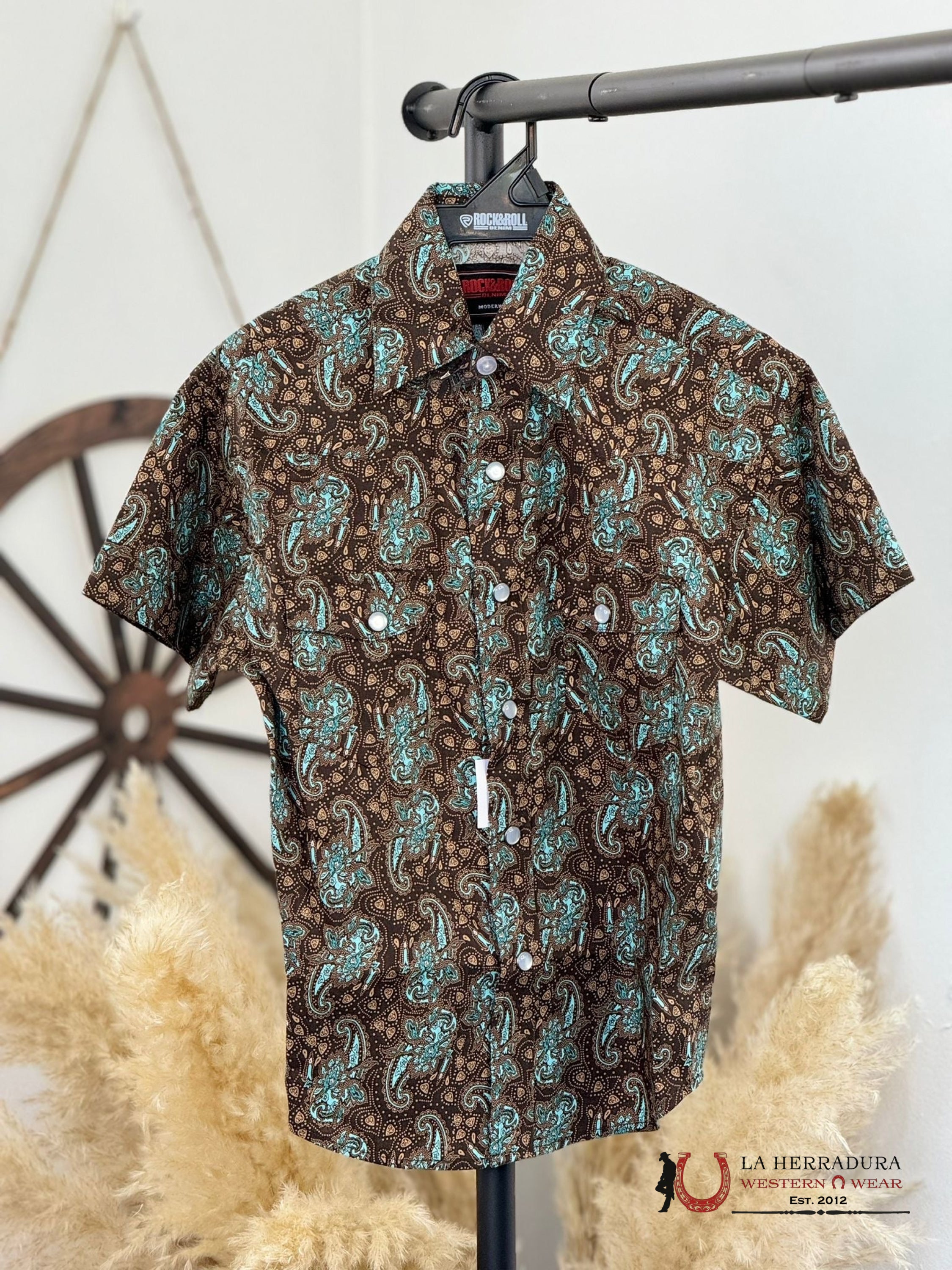 Rock&Roll Boys Turquoise Paisley Snap Short Sleeve Shirt Niños