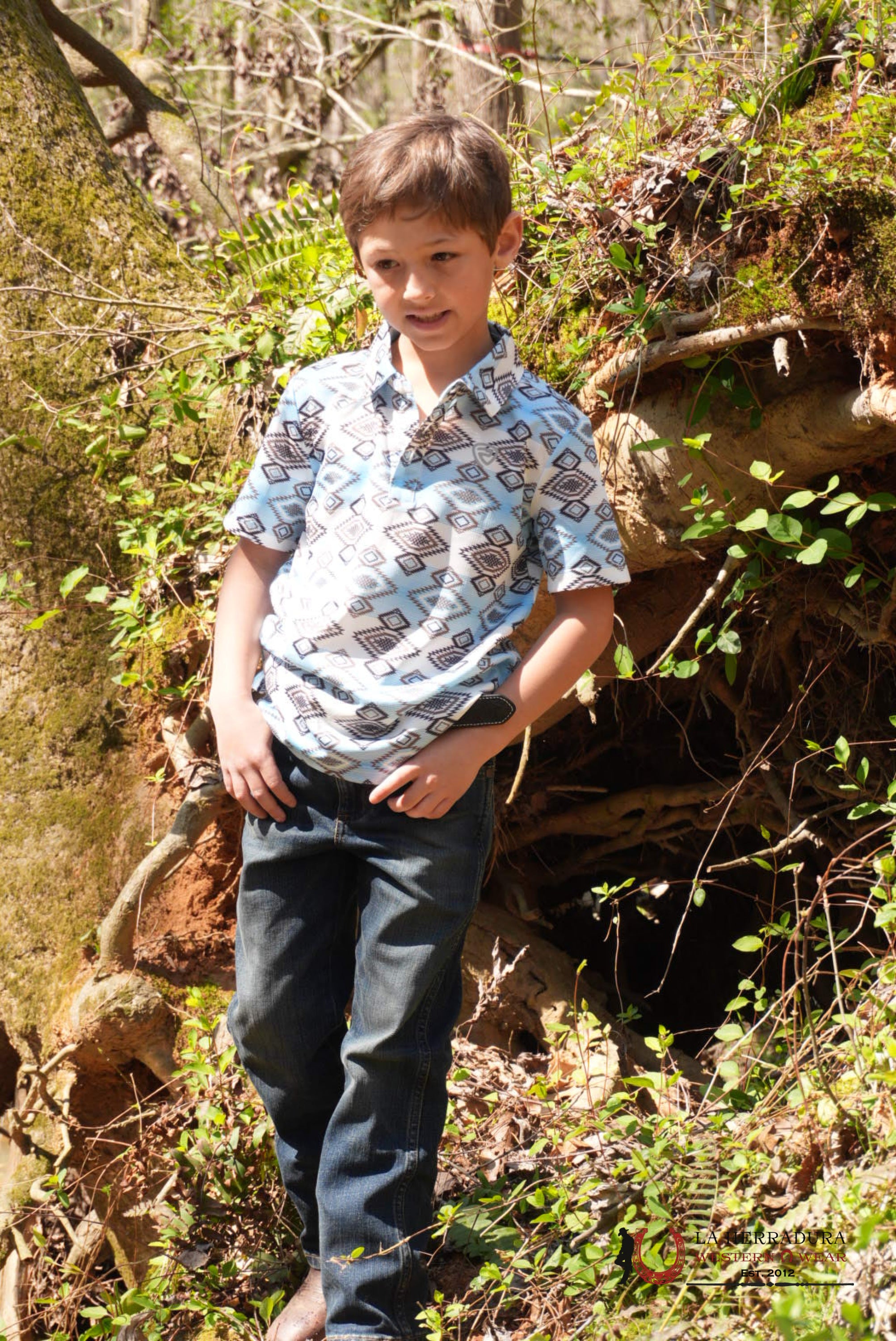 ROCK AND ROLL KIDS AZTEC PRINTED WHITE AND BLUE POLO - 6010 NIÑOS