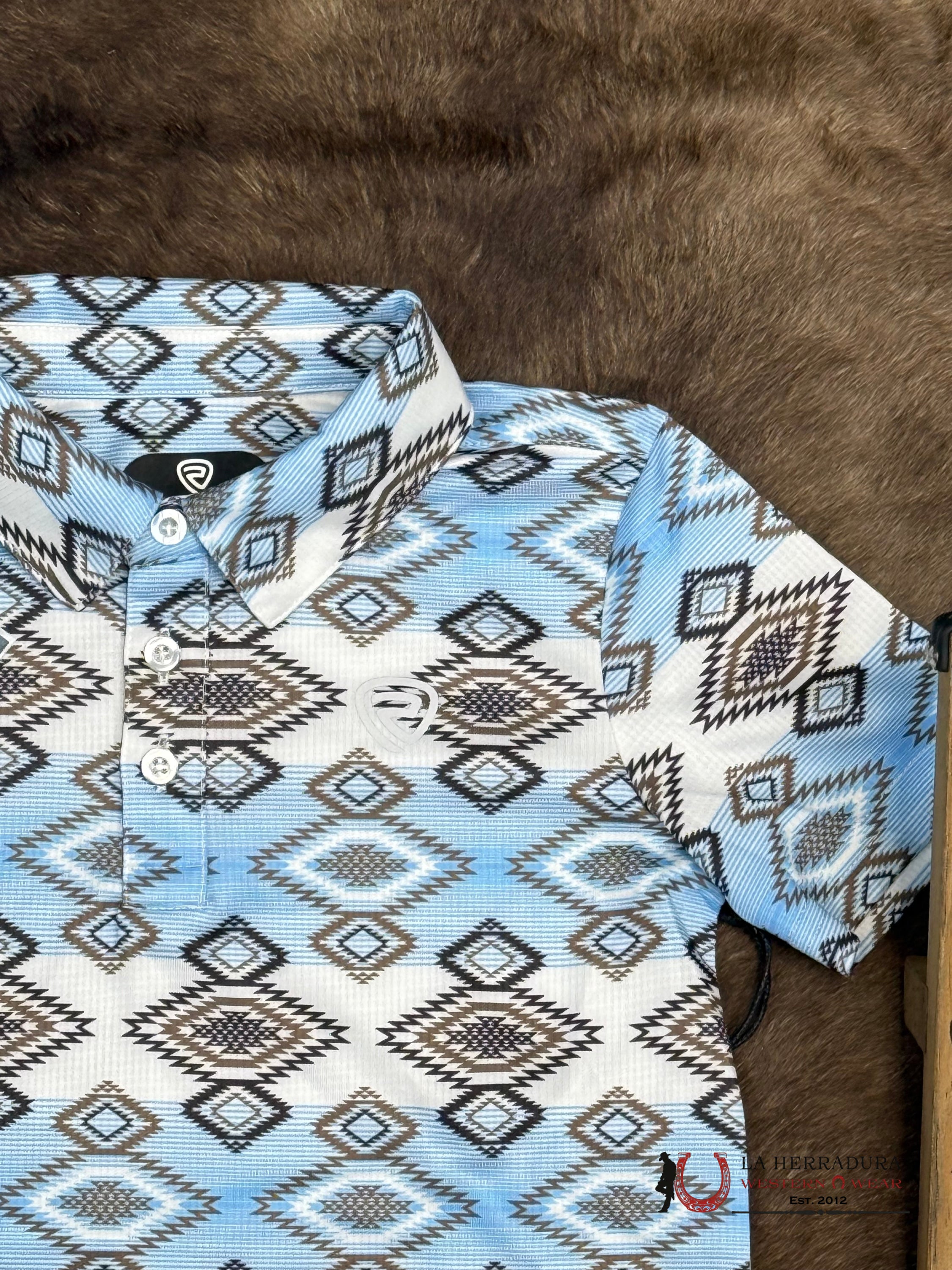 ROCK AND ROLL KIDS AZTEC PRINTED WHITE AND BLUE POLO - 6010 NIÑOS