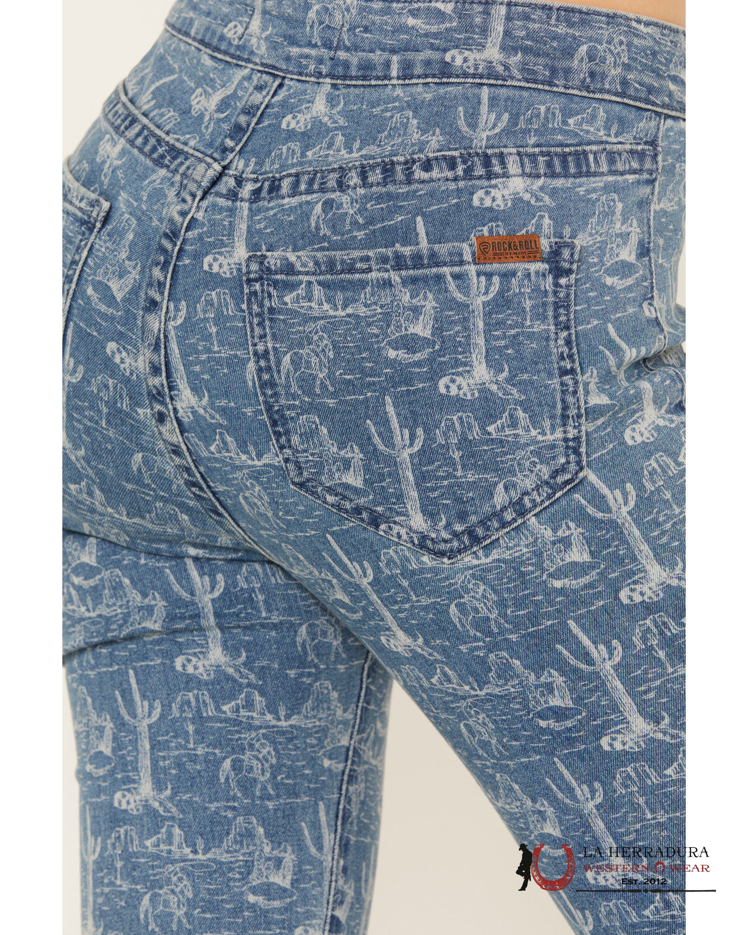 ROCK&ROLL MEDIUM WASH DESERT PRINT BUTTON FLARE- RRWD6PR17C ROCK&ROLL JEANS WOMEN