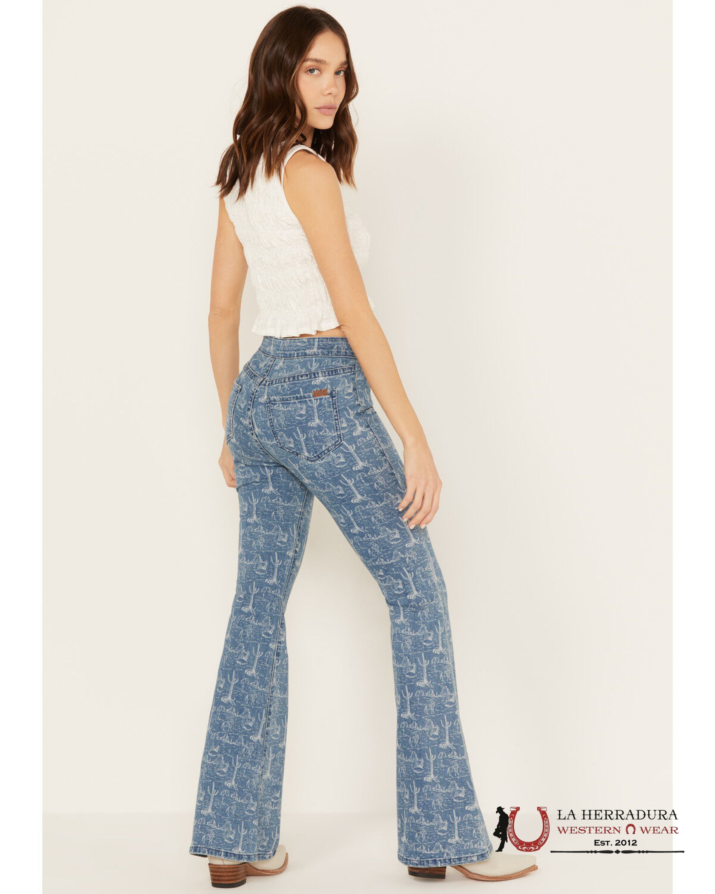 ROCK&ROLL MEDIUM WASH DESERT PRINT BUTTON FLARE- RRWD6PR17C ROCK&ROLL JEANS WOMEN