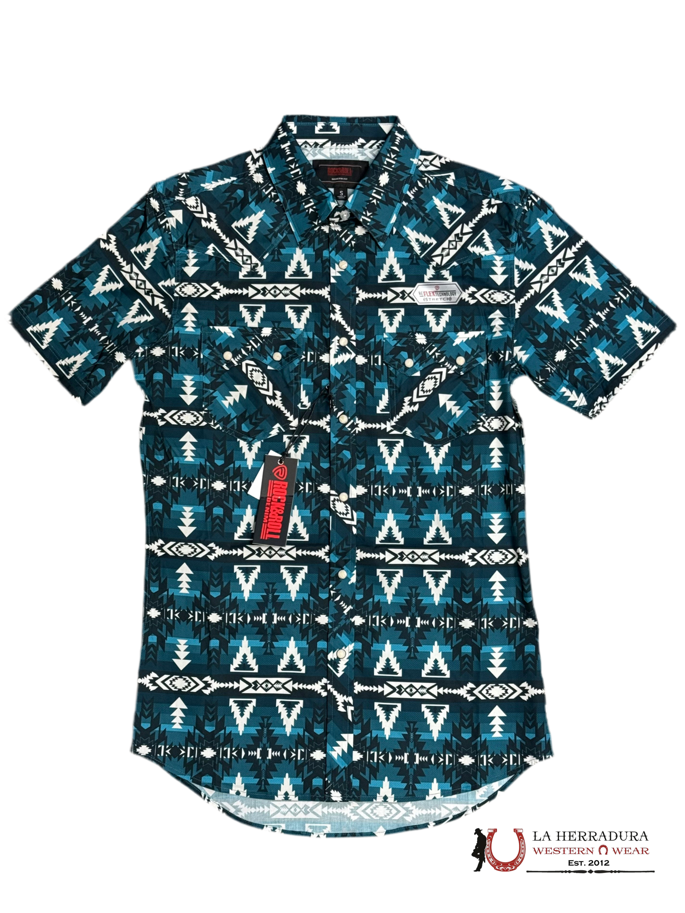 ROCK & ROLL MEN BOTTON UP SHORT SLEEVE CARIBBEAN AZTEC PRINT SNAP BMN3S07151 ROPA HOMBRES