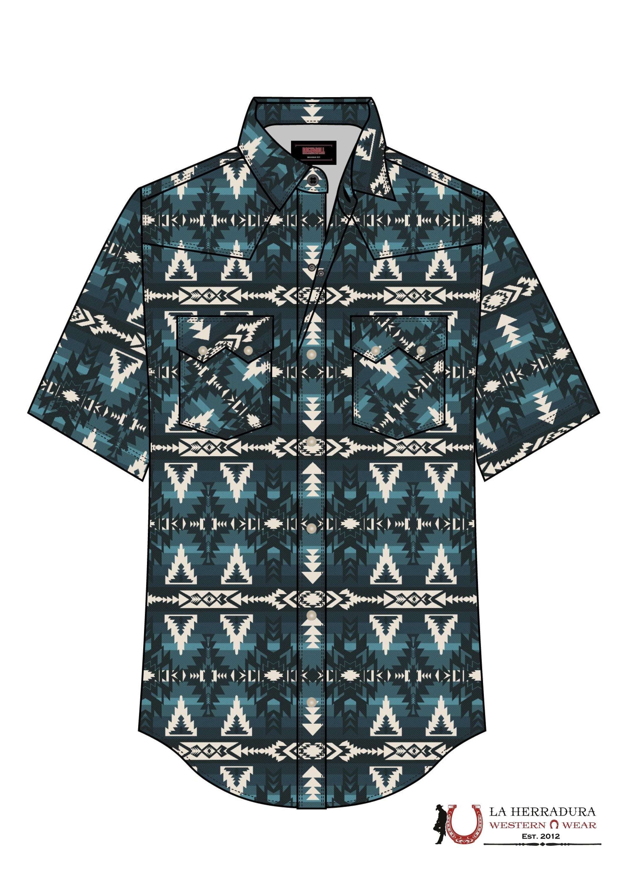 ROCK & ROLL MEN BOTTON UP SHORT SLEEVE CARIBBEAN AZTEC PRINT SNAP BMN3S07151 ROPA HOMBRES