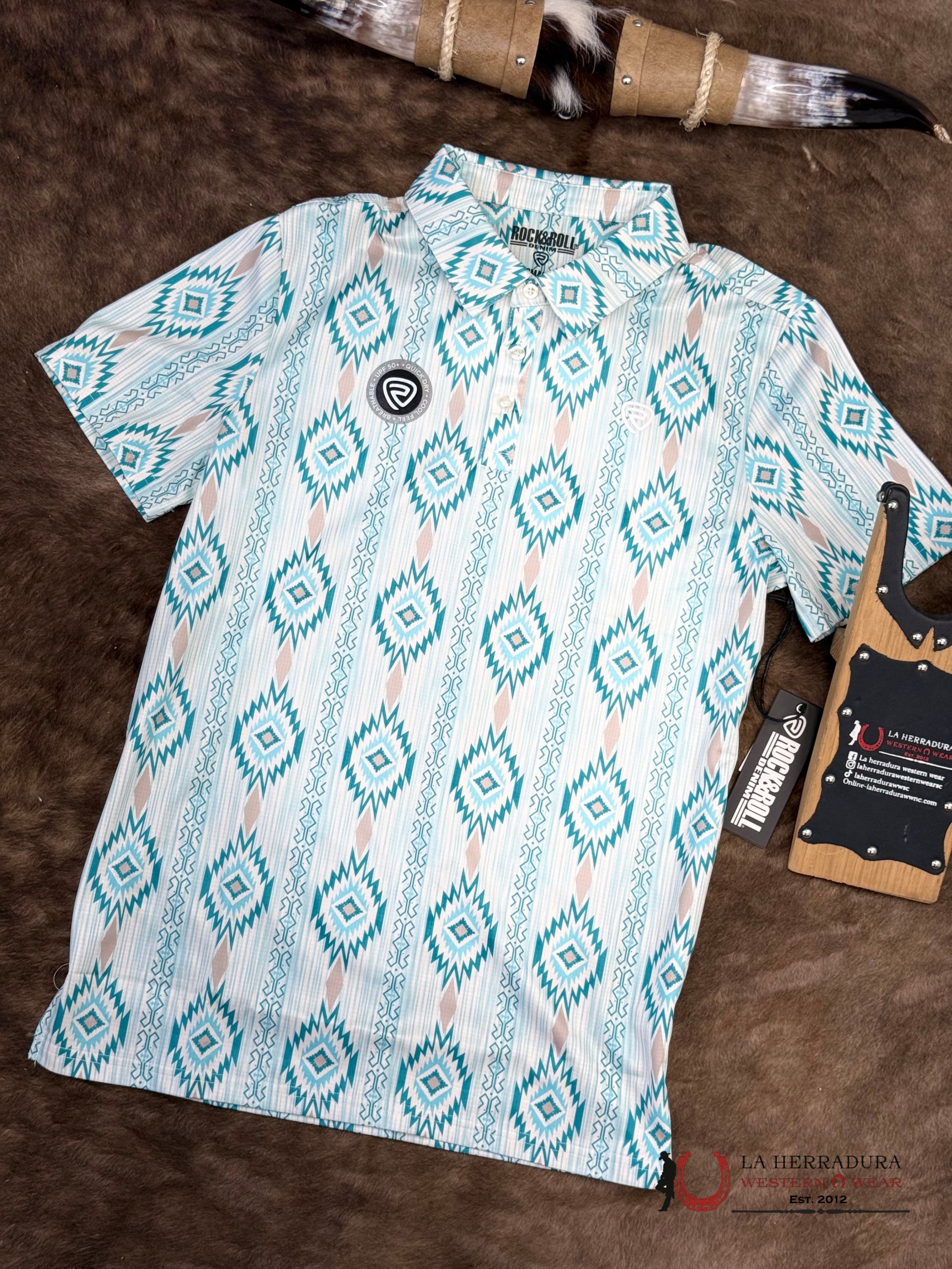 ROCK&ROLL Caribbean With Blue Aztec Print Short Sleeve Shirt - 6622 ROPA HOMBRES