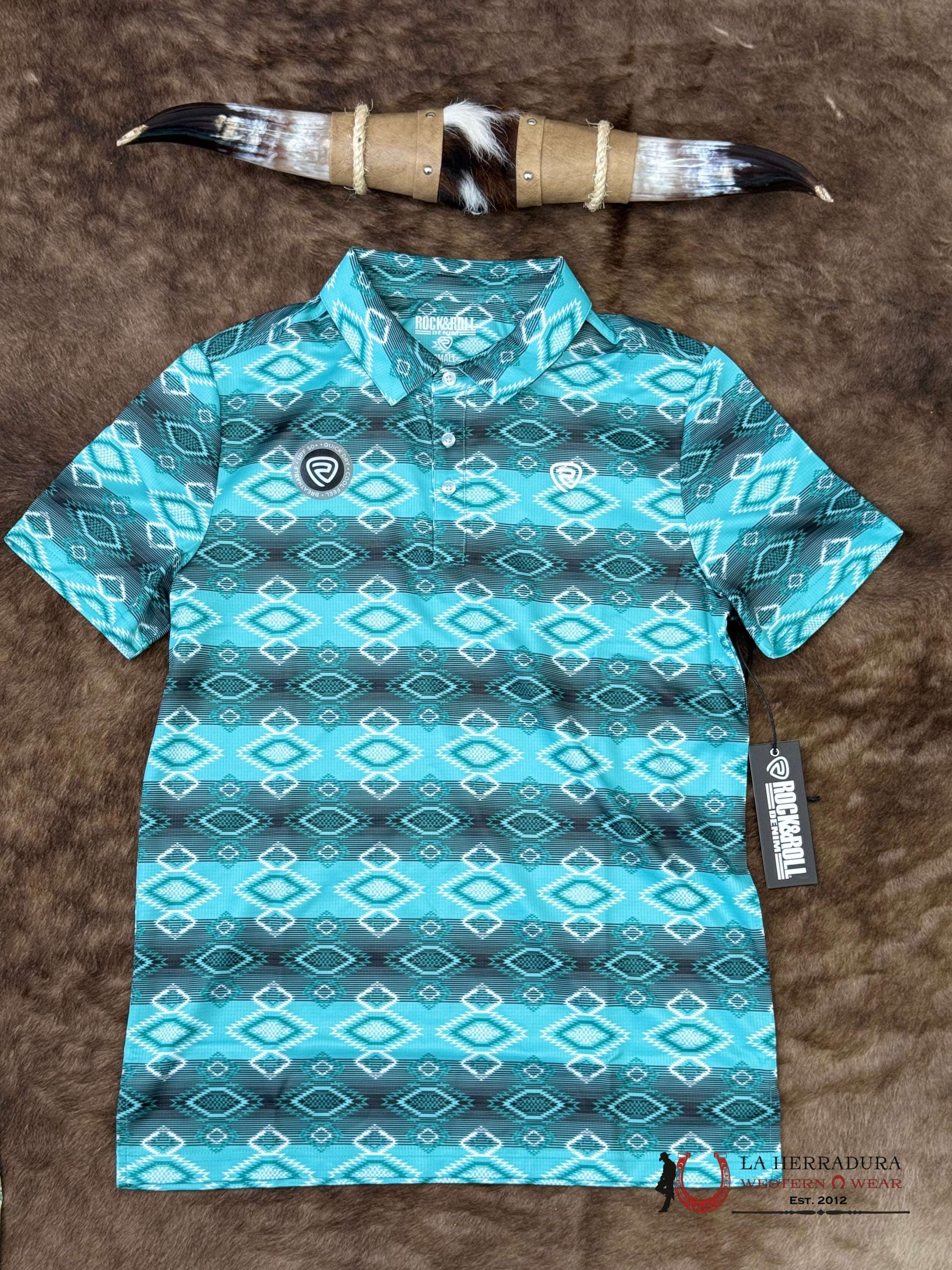 Rock&Roll Turquoise Polo Short Sleeve With Aztec Print - 6624 ROPA HOMBRES