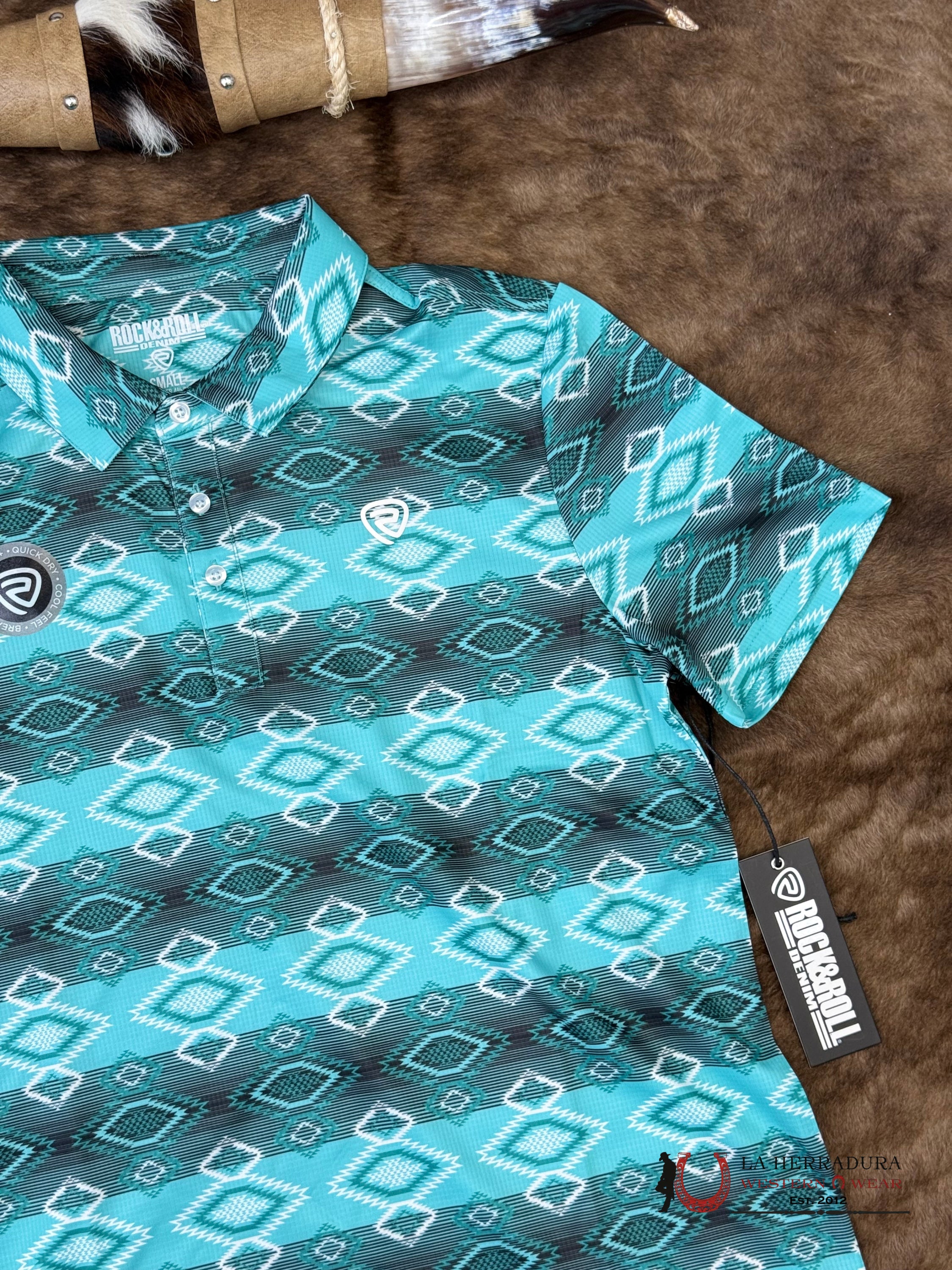 Rock&Roll Turquoise Polo Short Sleeve With Aztec Print - 6624 ROPA HOMBRES