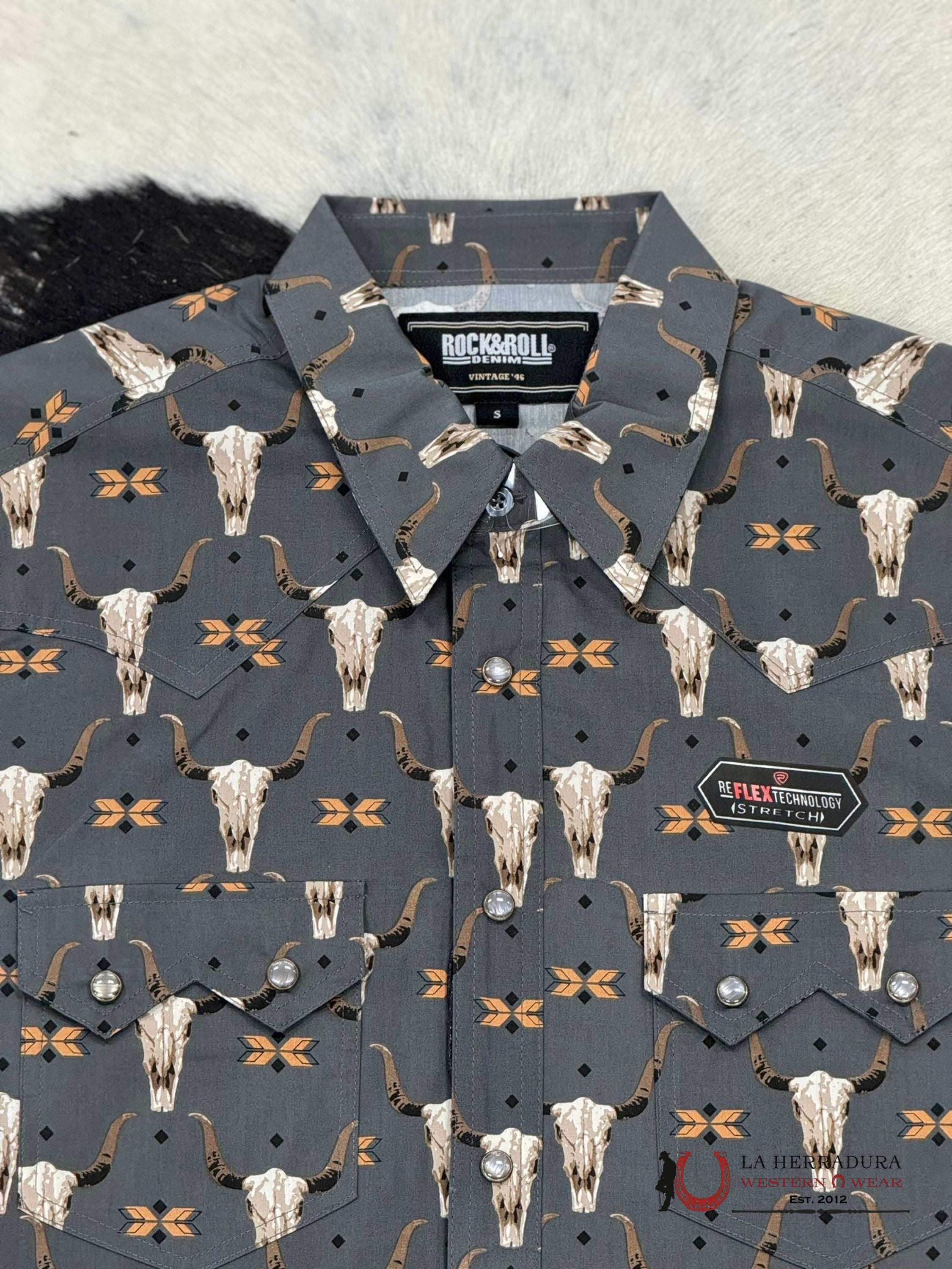 Rock&Roll Mens Black 2Pkt Vintage Skull Snap Short Sleeve Shirt Ropa Hombres