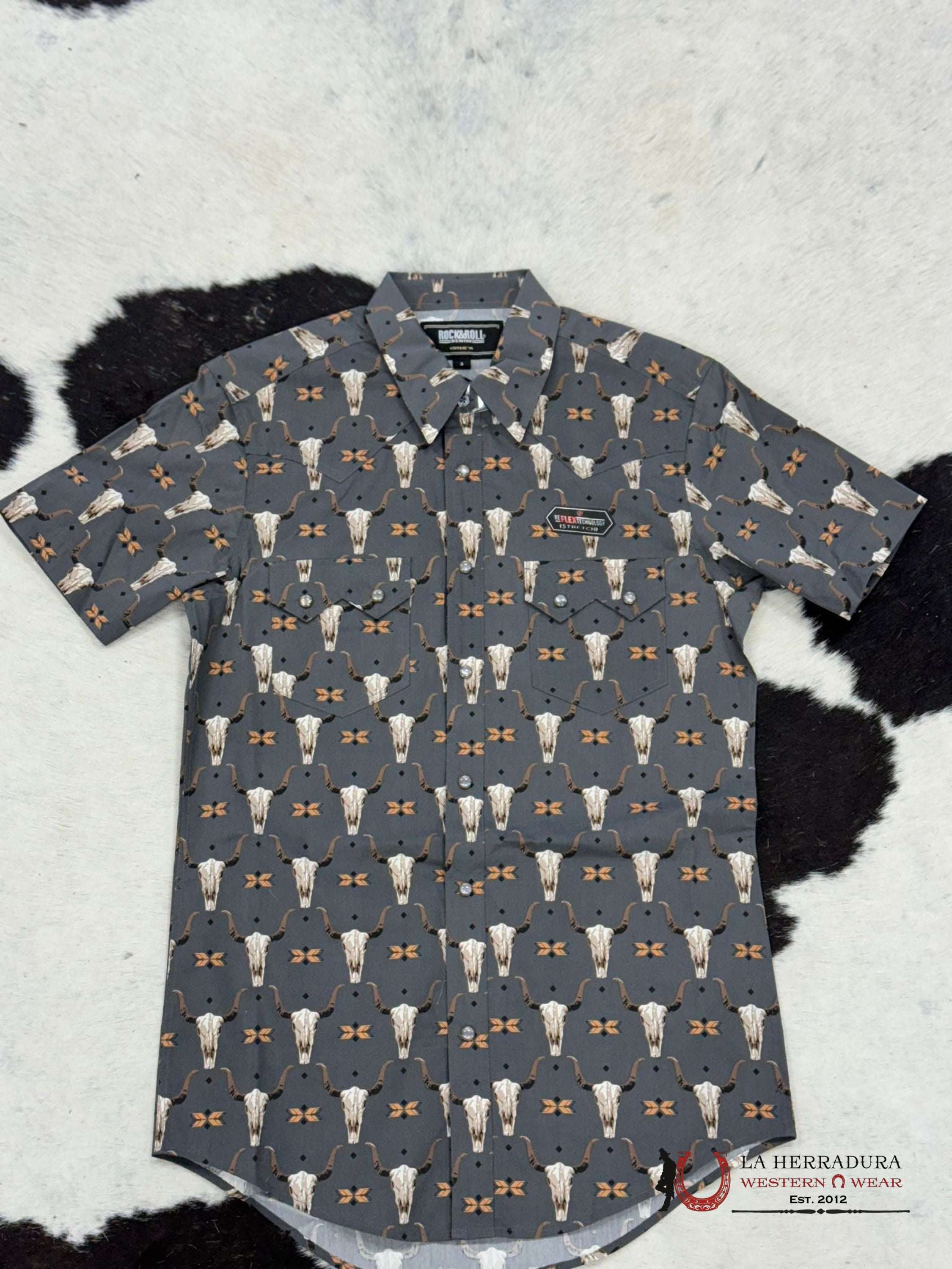 Rock&Roll Mens Black 2Pkt Vintage Skull Snap Short Sleeve Shirt Ropa Hombres