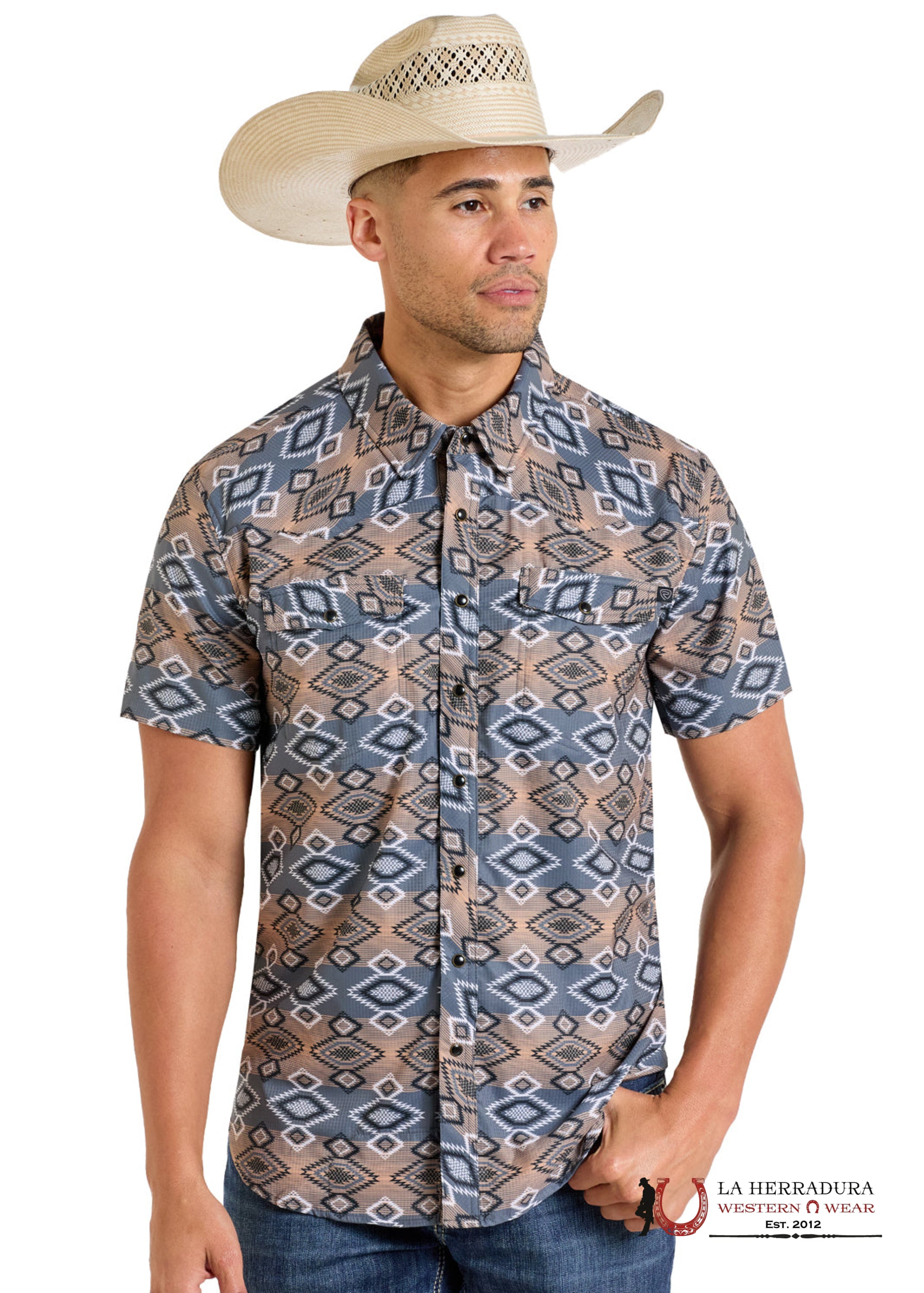 Rock&Roll Mens Dark Grey Aztec Short Sleeve Shirt- BMN3S06432 ROPA HOMBRES