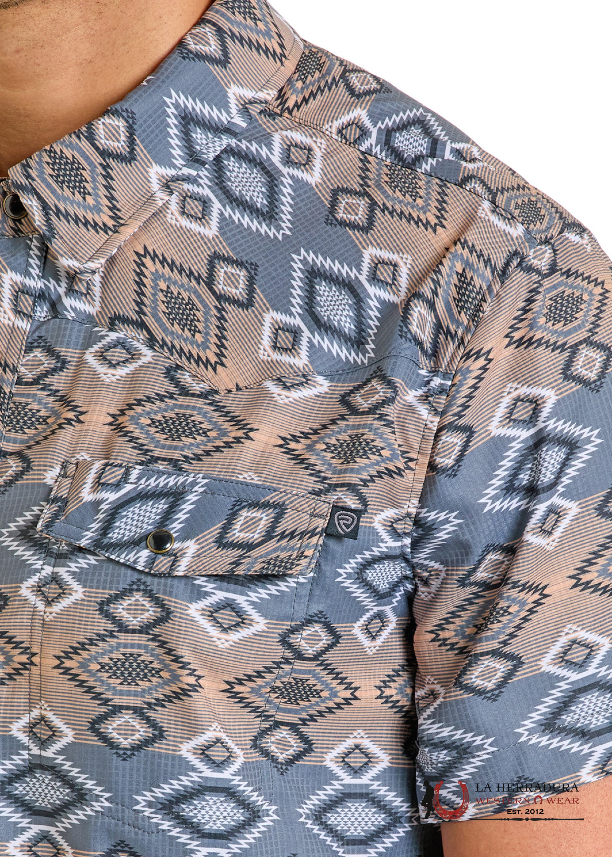 Rock&Roll Mens Dark Grey Aztec Short Sleeve Shirt- BMN3S06432 ROPA HOMBRES