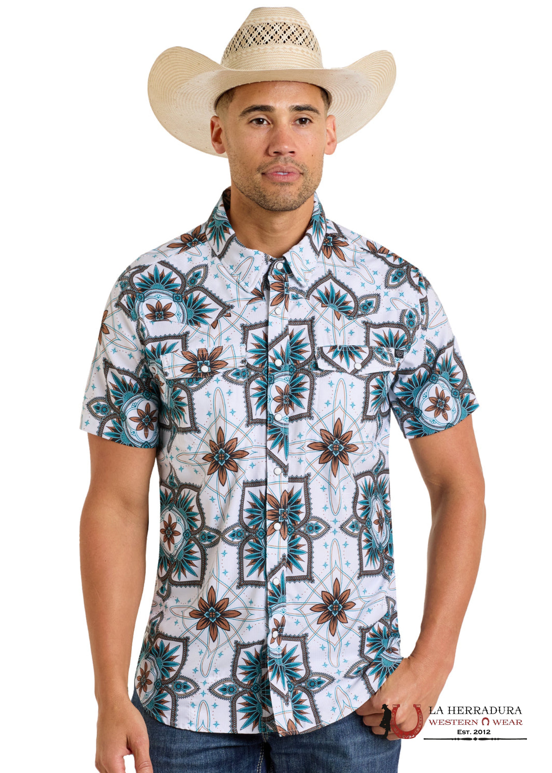Rock&Roll Mens Dark White Aztec Short Sleeve Shirt- BMN3S06430 ROPA HOMBRES