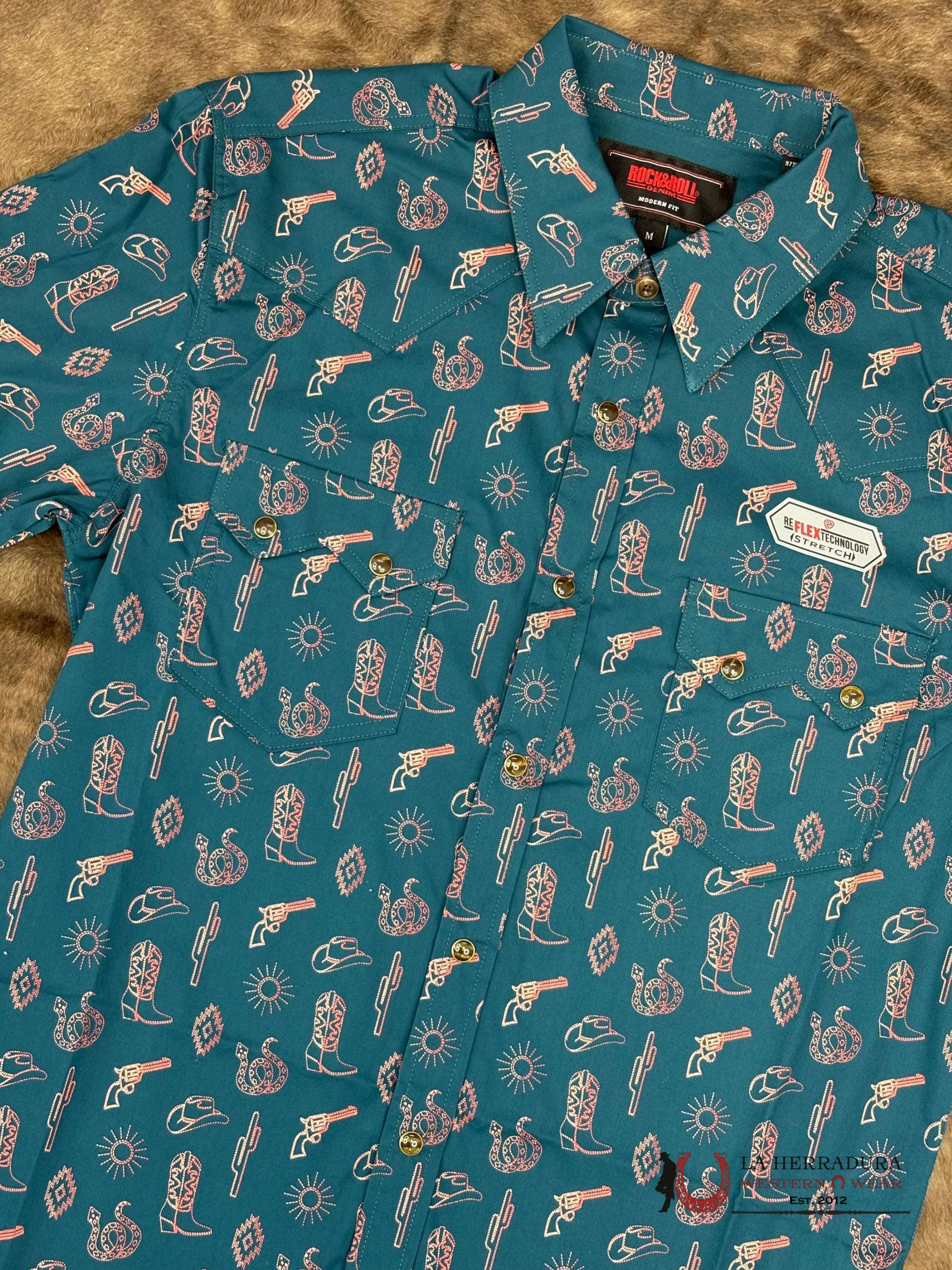 ROCK&ROLL Short Sleeve Teal With Western Print - 5853 ROPA HOMBRES