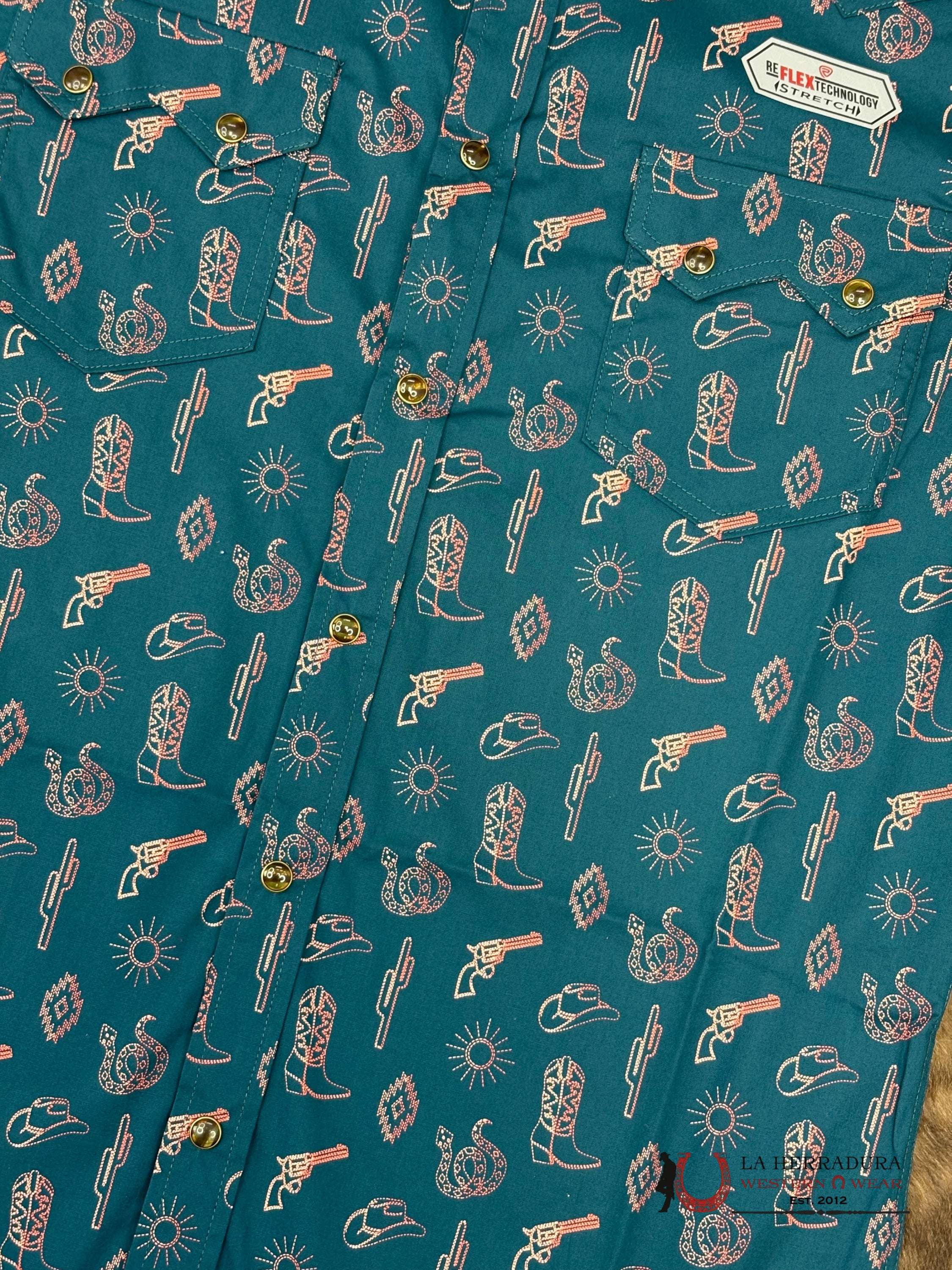 ROCK&ROLL Short Sleeve Teal With Western Print - 5853 ROPA HOMBRES