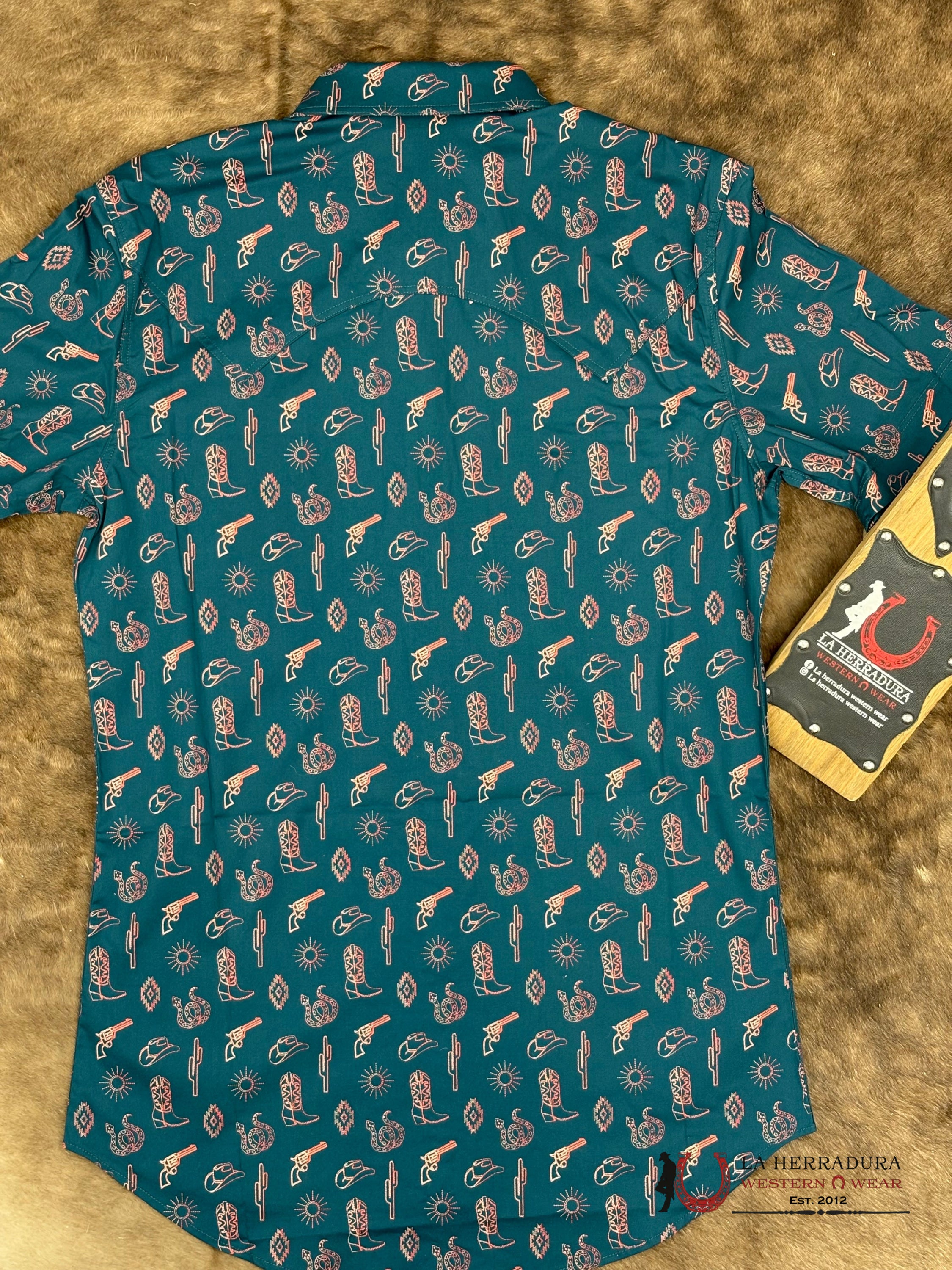 ROCK&ROLL Short Sleeve Teal With Western Print - 5853 ROPA HOMBRES