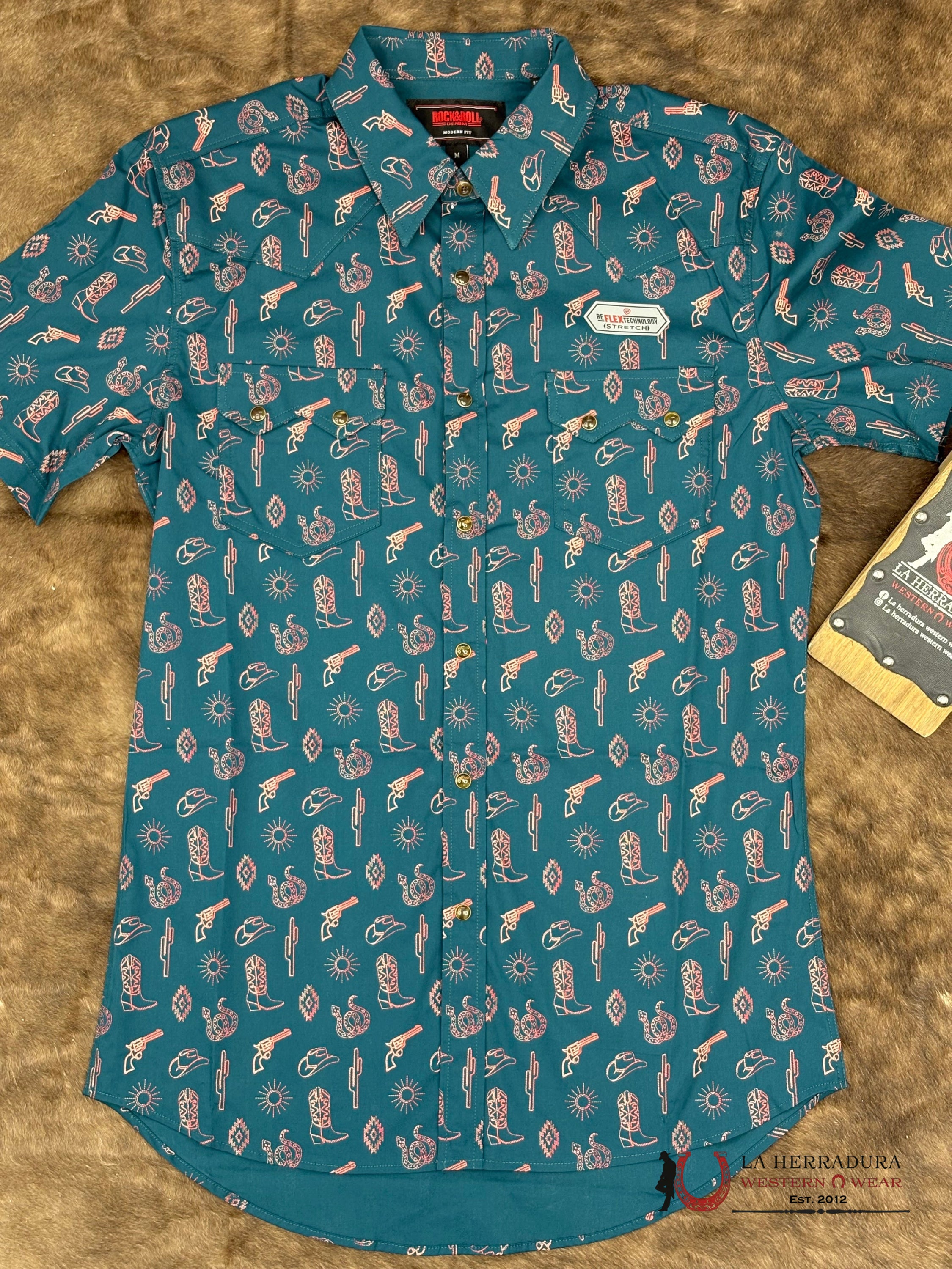 ROCK&ROLL Short Sleeve Teal With Western Print - 5853 ROPA HOMBRES