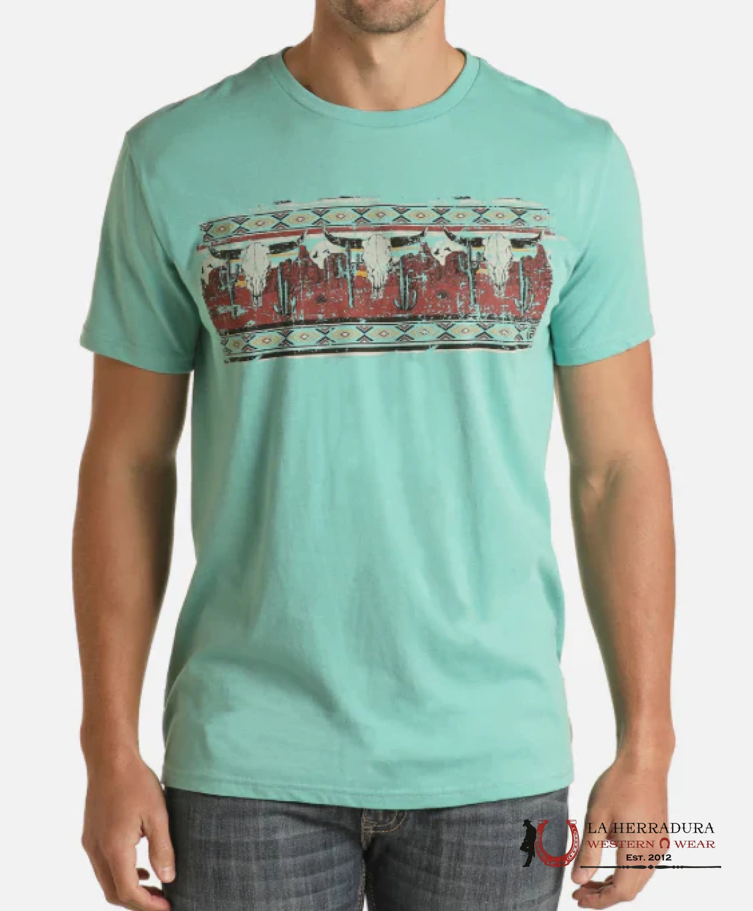 ROCK&ROLL MENS T-SHIRT TURQUOISE LONGHORN GRAPHIC RRMT21RZME ROPA HOMBRES
