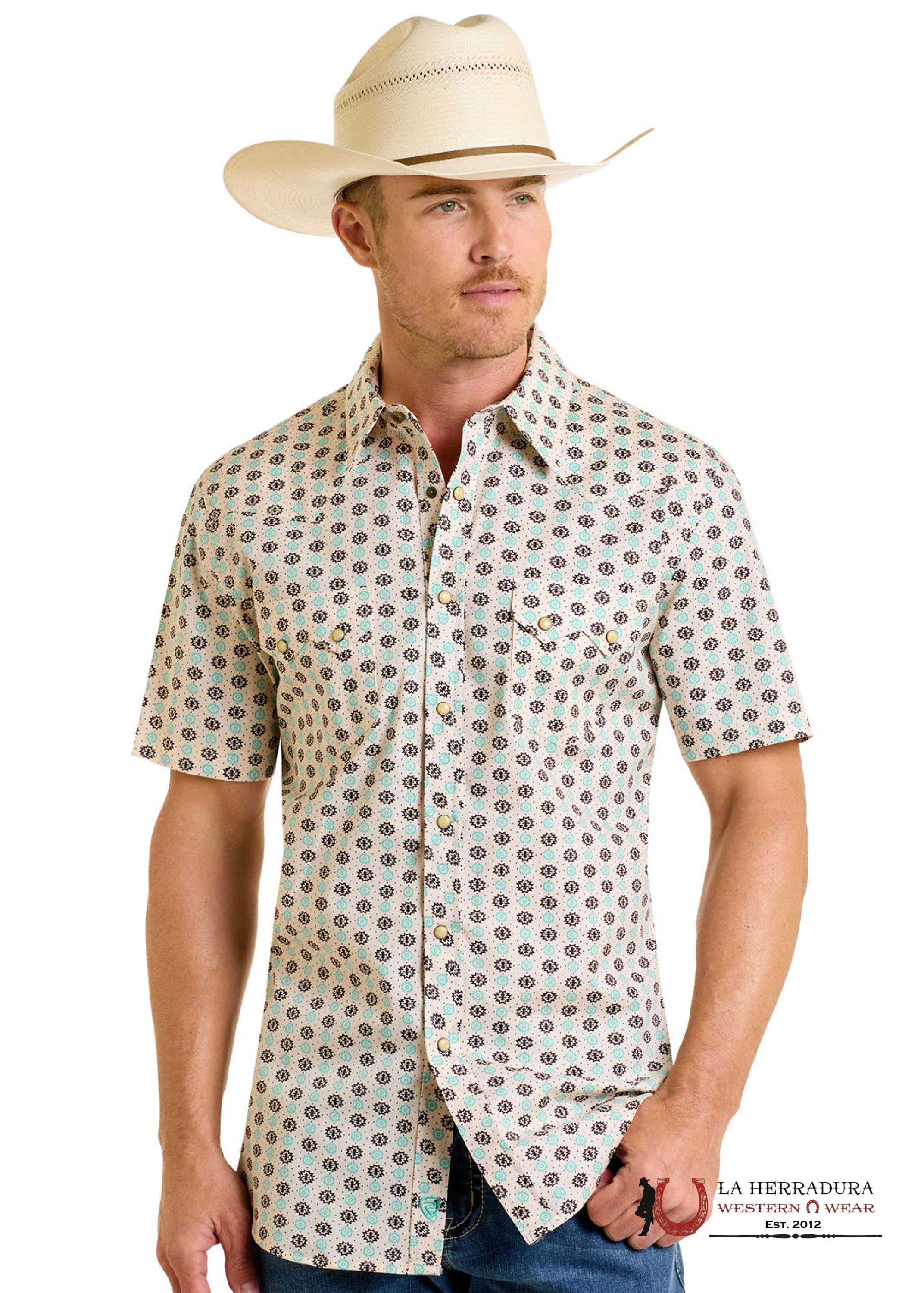 Rock&Roll Mens Turquoise Aztec Short Sleeve Shirt- BMN3S06484 ROPA HOMBRES