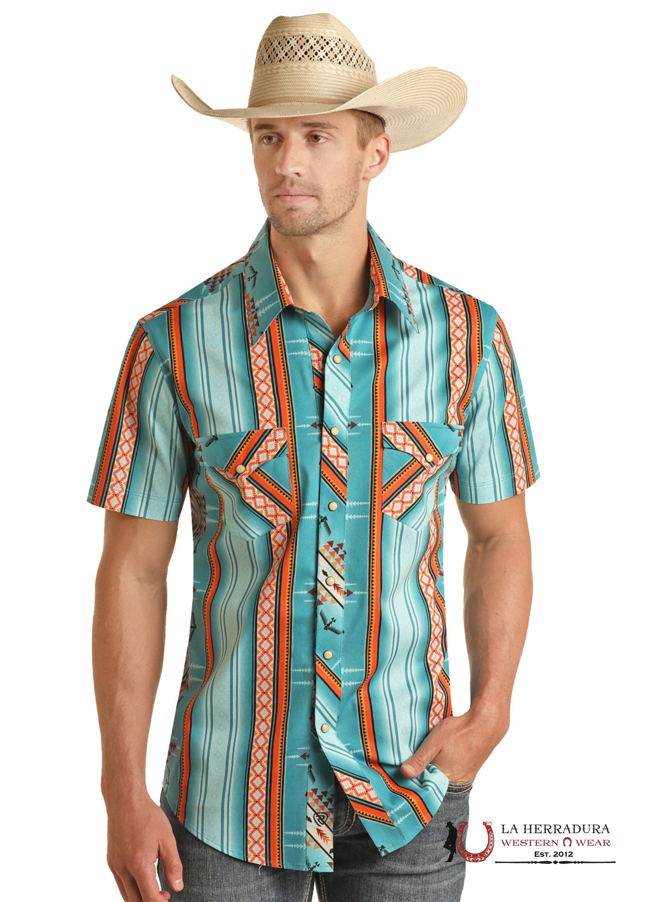 Rock&Roll Mens Turquoise/ Orange Aztec Short Sleeve Shirt- BMN3S03945 ROPA HOMBRES