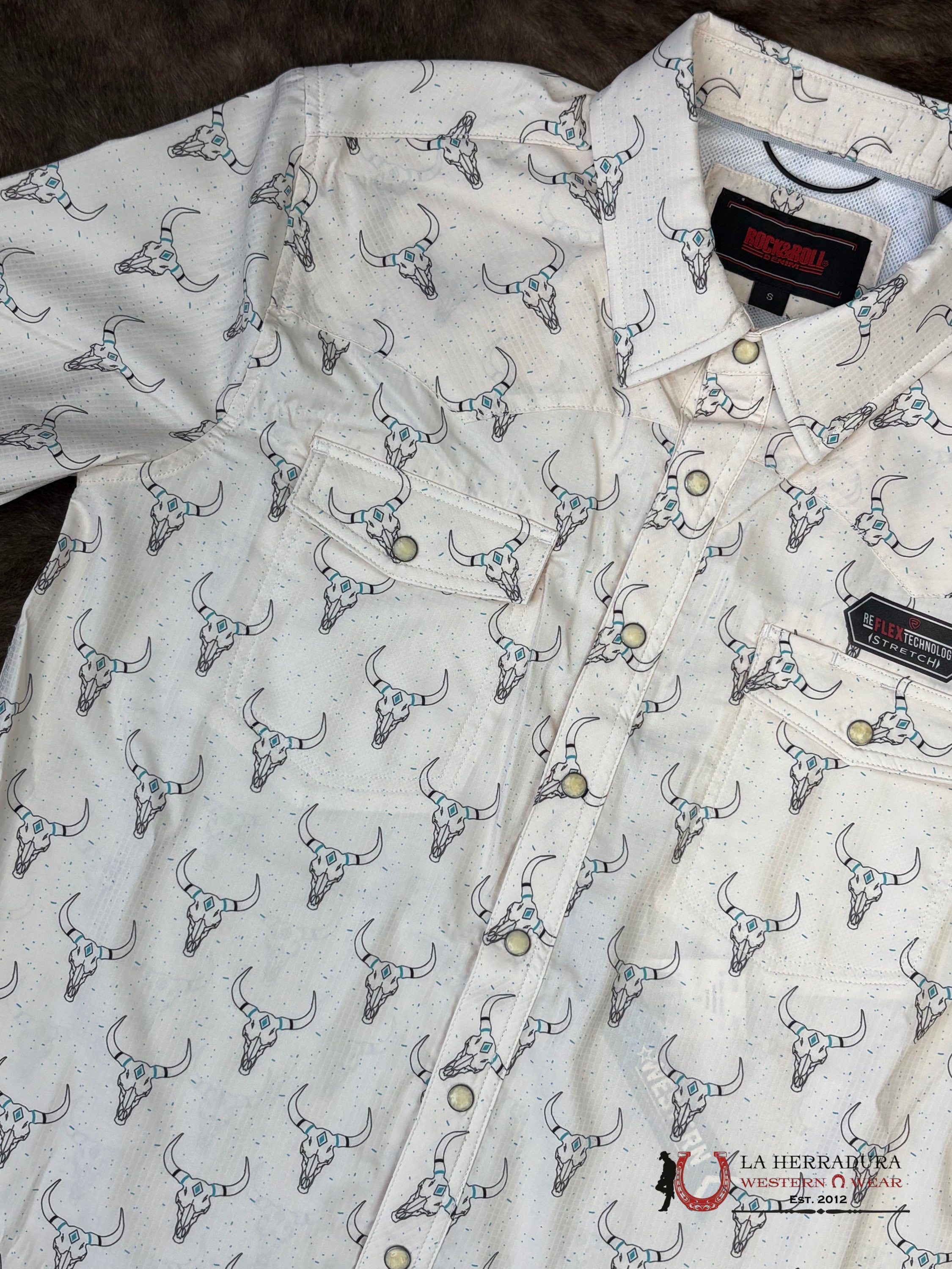 Rock&Roll Natural Begie Short Sleeve With Longhorn Print Shirt Men - 5964 ROPA HOMBRES