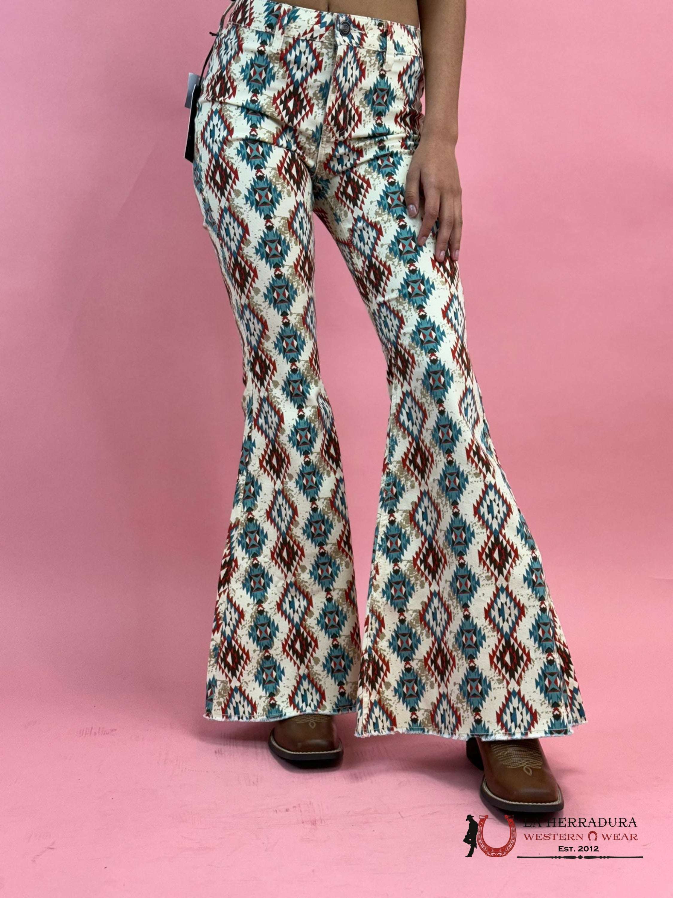 Rock&Roll Natural Cowhide Aztec Bell Bottom Jeans Women