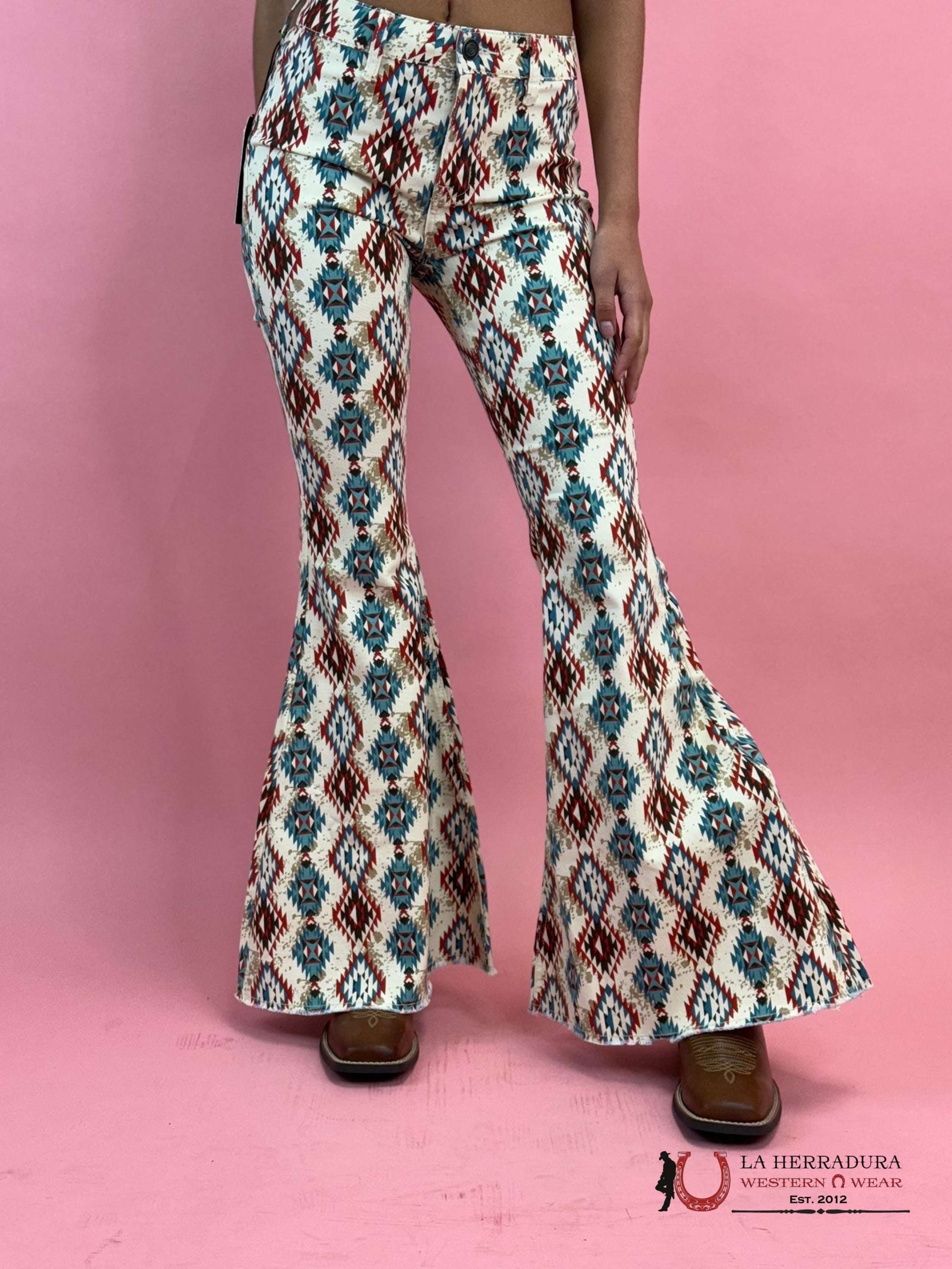 Rock&Roll Natural Cowhide Aztec Bell Bottom Jeans Women
