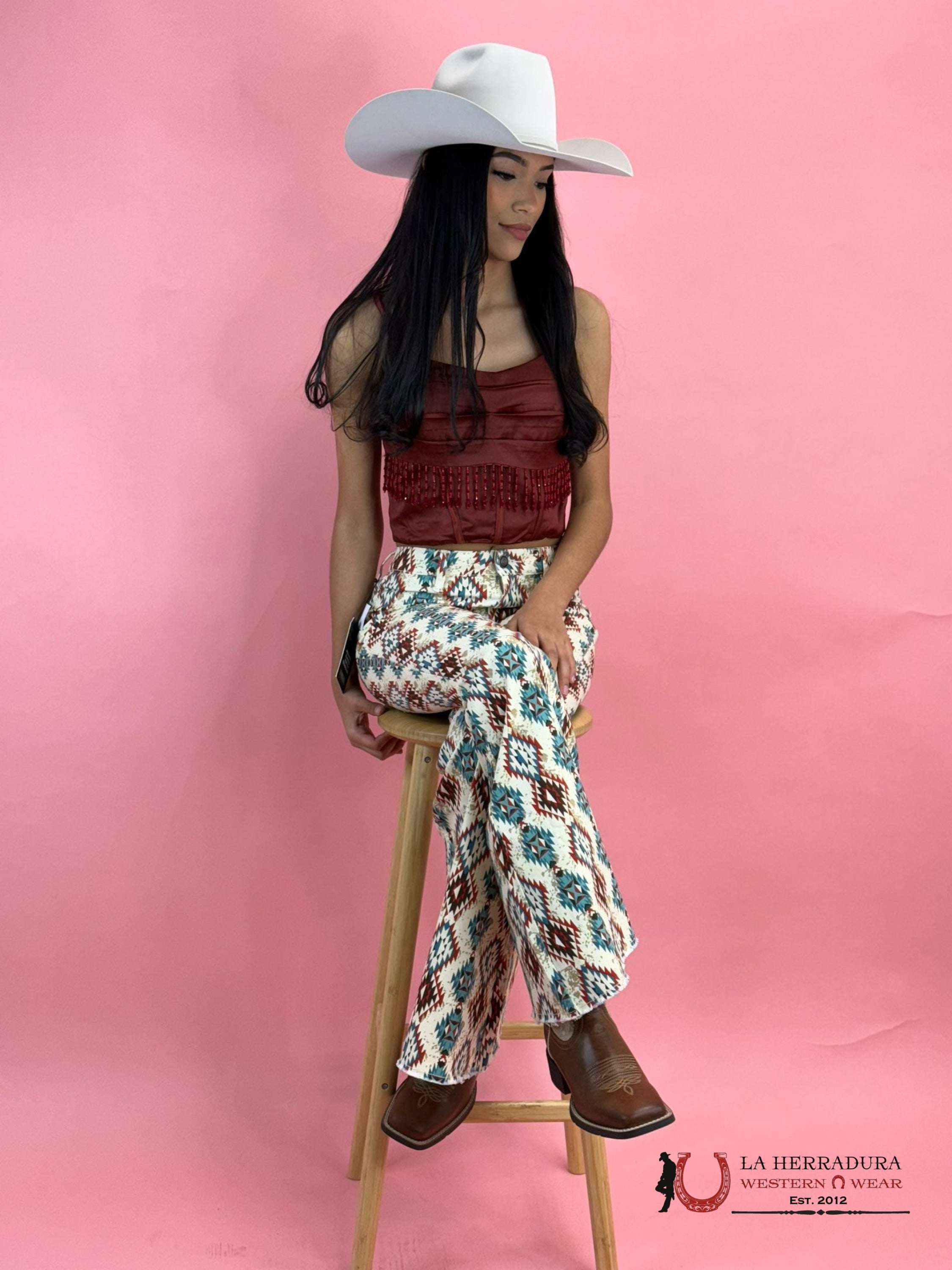 Rock&Roll Natural Cowhide Aztec Bell Bottom Jeans Women
