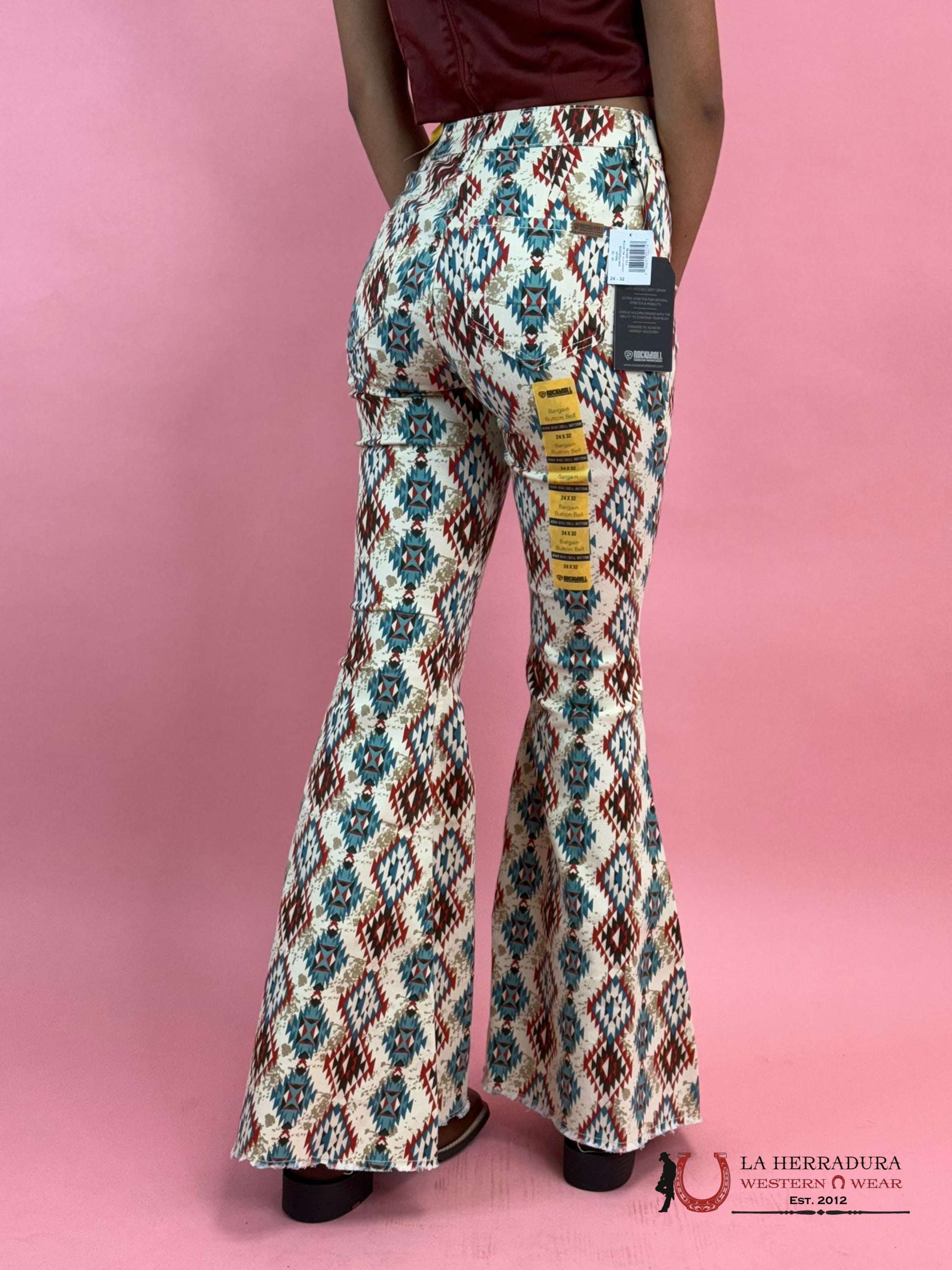 Rock&Roll Natural Cowhide Aztec Bell Bottom Jeans Women