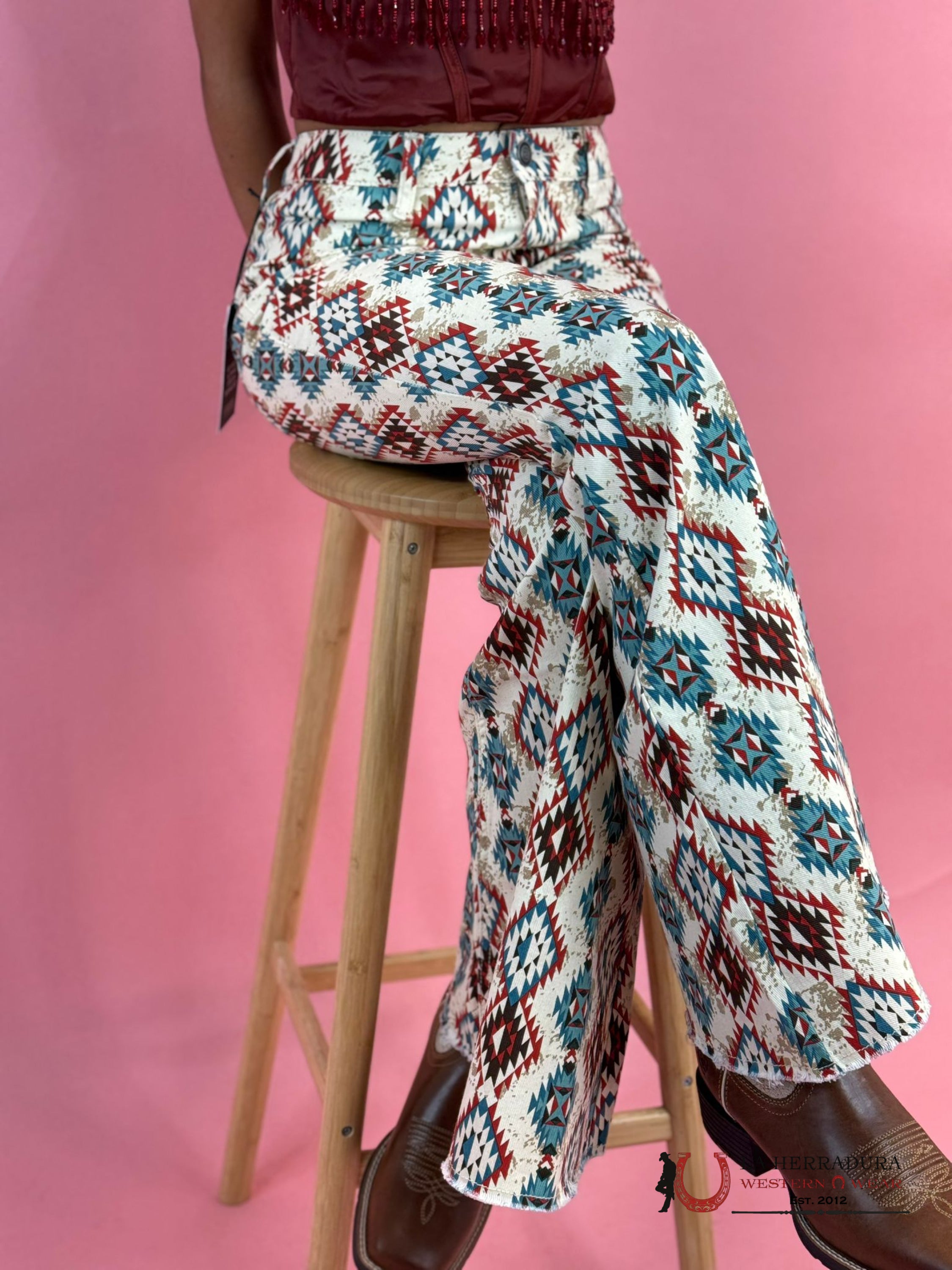 Rock&Roll Natural Cowhide Aztec Bell Bottom Jeans Women