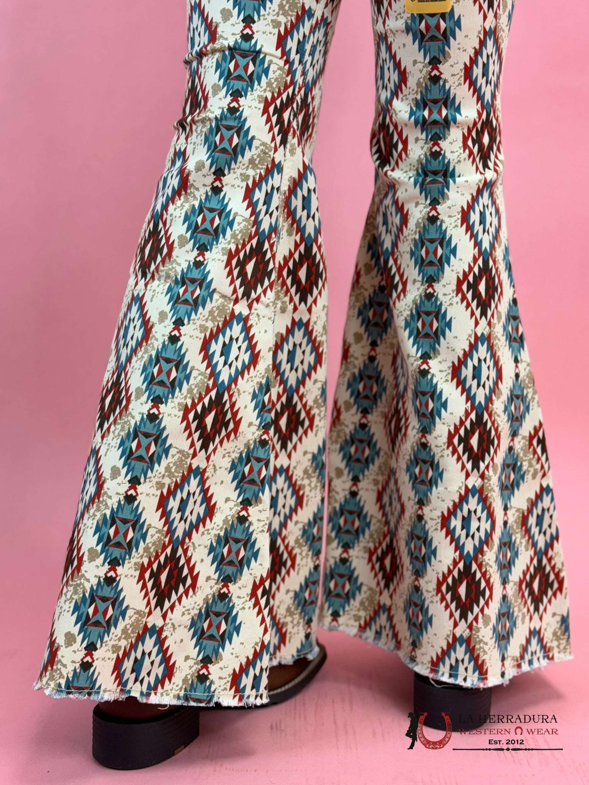 Rock&Roll Natural Cowhide Aztec Bell Bottom Jeans Women