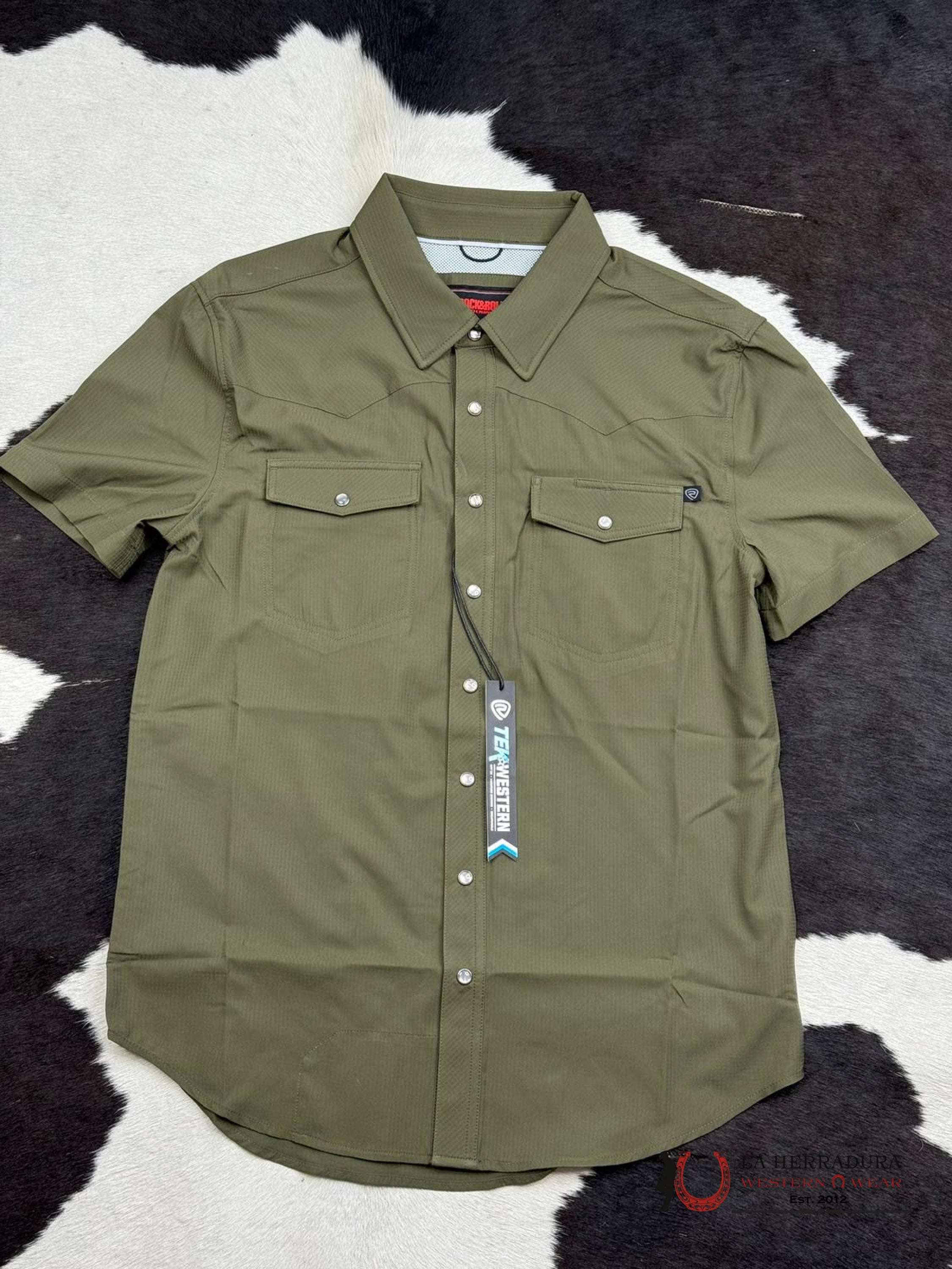 Rock&Roll Olive Tek Solid Ripstop Snap Shirt Sleeve Ropa Hombres