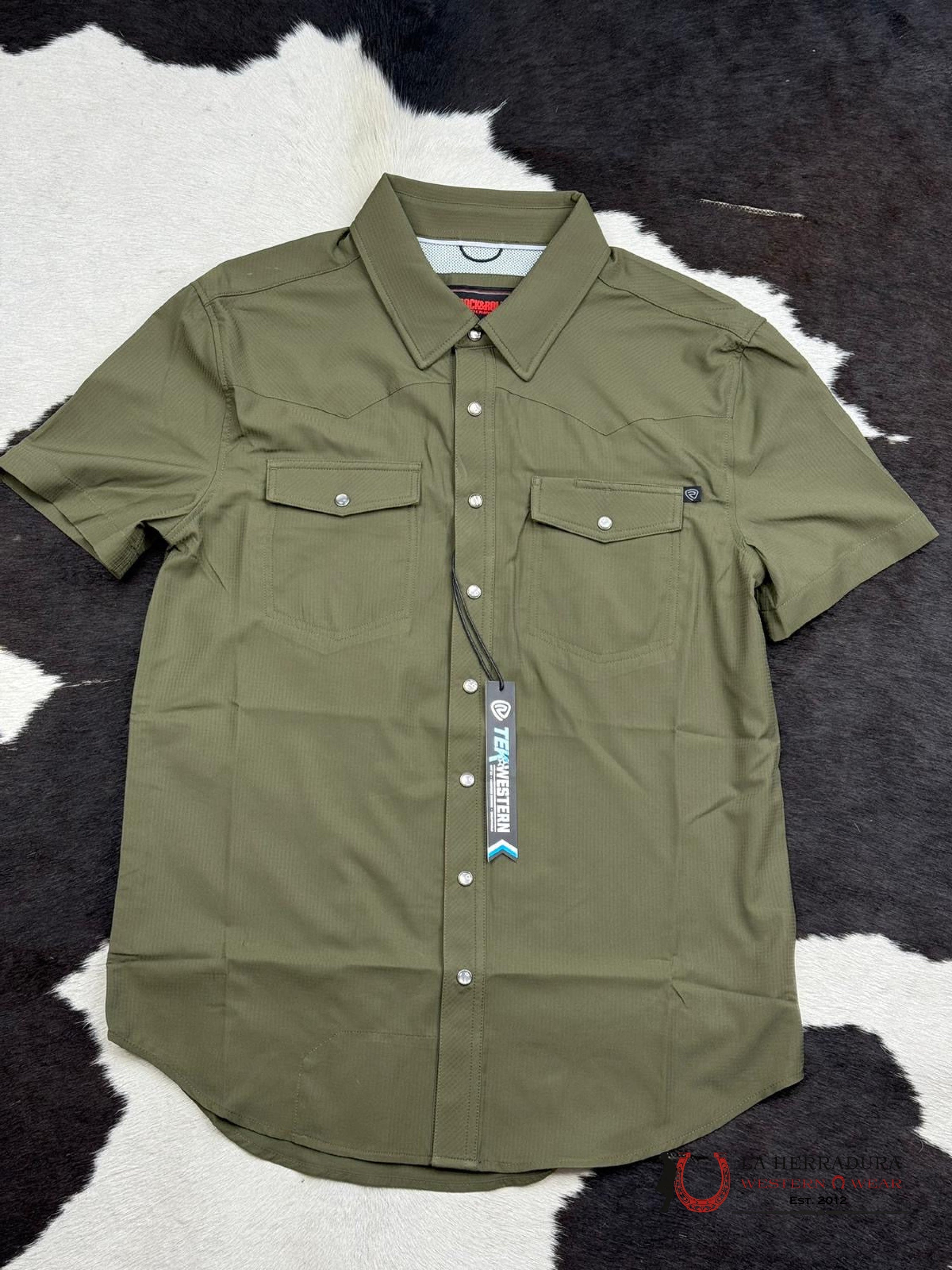 Rock&Roll Olive Tek Solid Ripstop Snap Shirt Sleeve Ropa Hombres