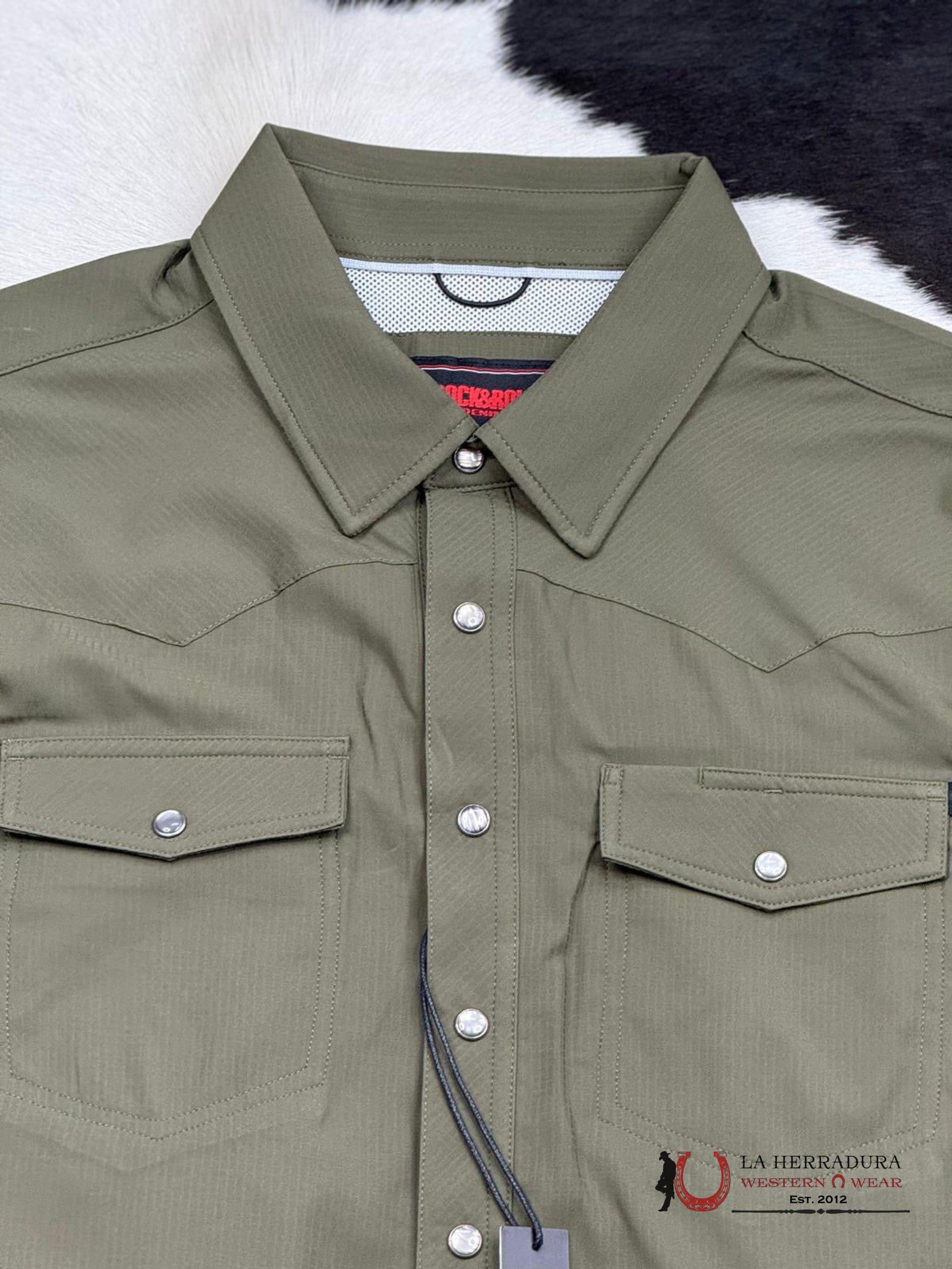 Rock&Roll Olive Tek Solid Ripstop Snap Shirt Sleeve Ropa Hombres